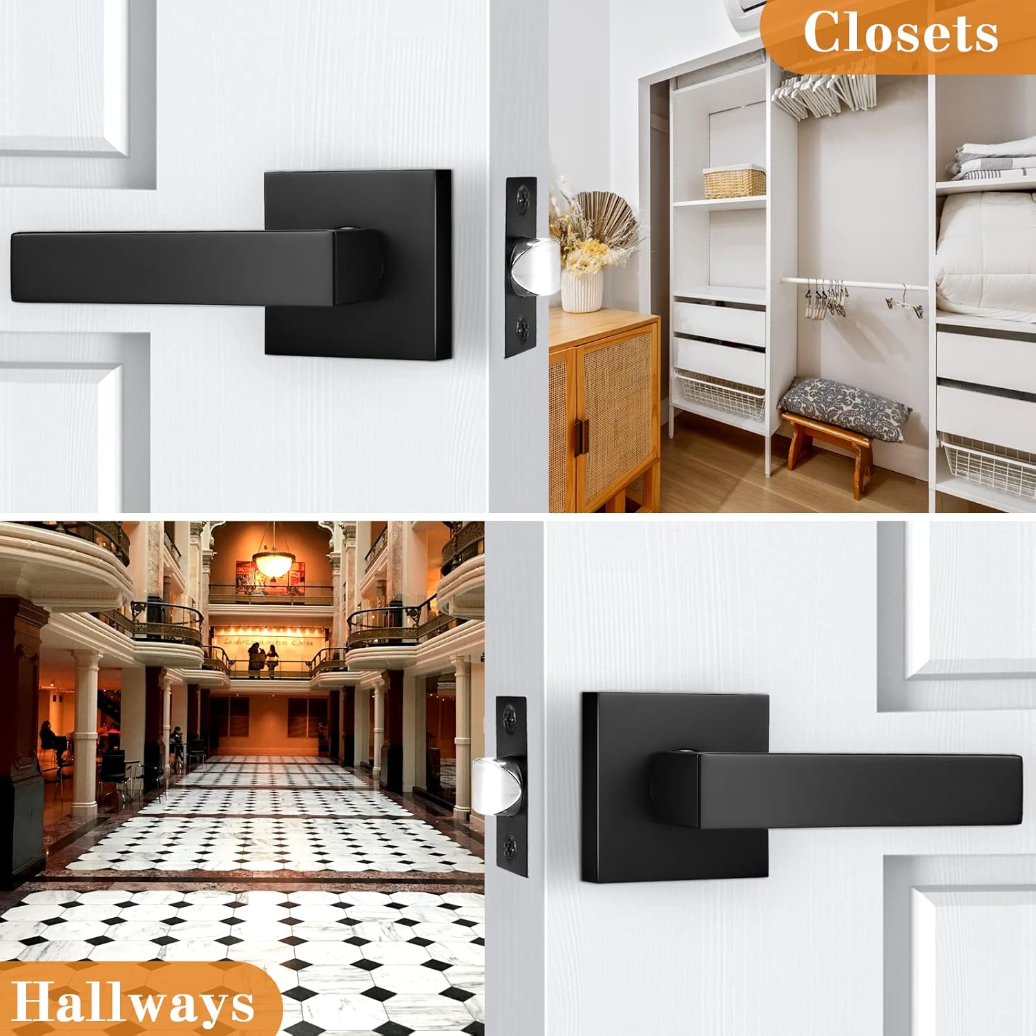 Probrico 2 Pack| Matte Black Passage Door Handles Square Interior Door Levers for Hall Closet, Indoor Non-Locking Heavy Duty Leverset for Right/Left Handed Doors Pack of 2