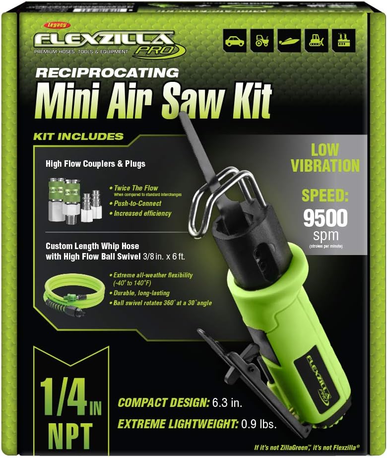 Flexzilla Pro Reciprocating Mini Air Saw Kit, with 3/8″ x 6′ Whip Hose w/Ball Swivel, and Flexzilla Pro High Flow Couplers and Plugs - AT8565FZ