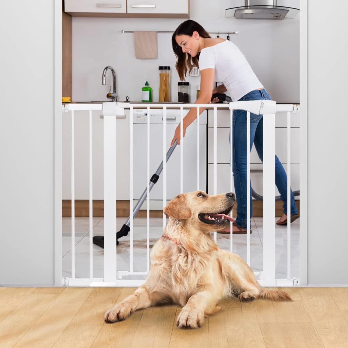 Dog Gate Easy Walk Thru Dog Fence Gate with Pet Door for Stairs Doorways House, Fits Openings 29.5