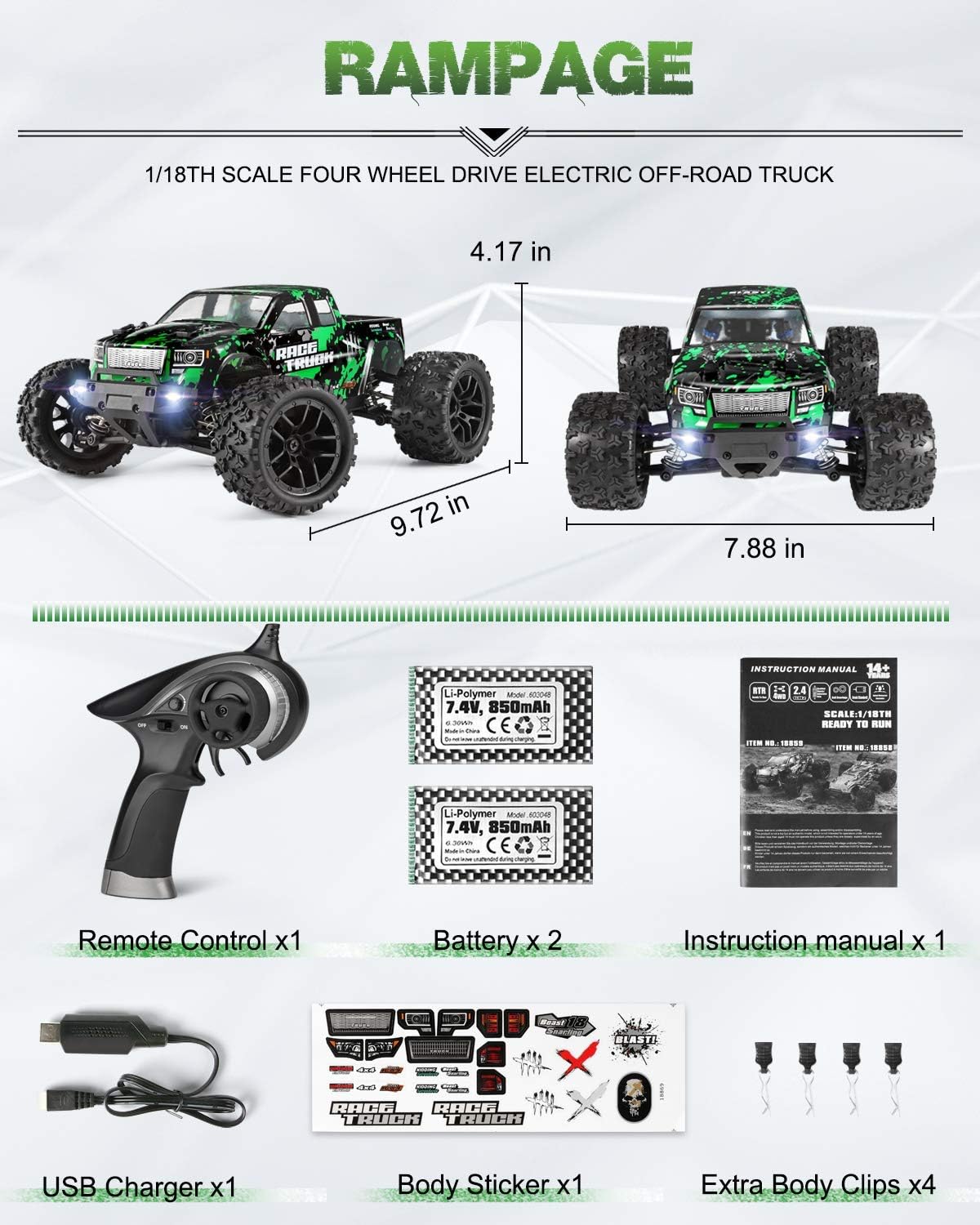 HAIBOXING 1:18 Scale All Terrain RC Car 18859E, 36 KPH High Speed 4WD Electric Vehicle with 2.4 GHz Remote Control, 4X4 Waterproof Off-Road Truck with Two Rechargeable Batteries
