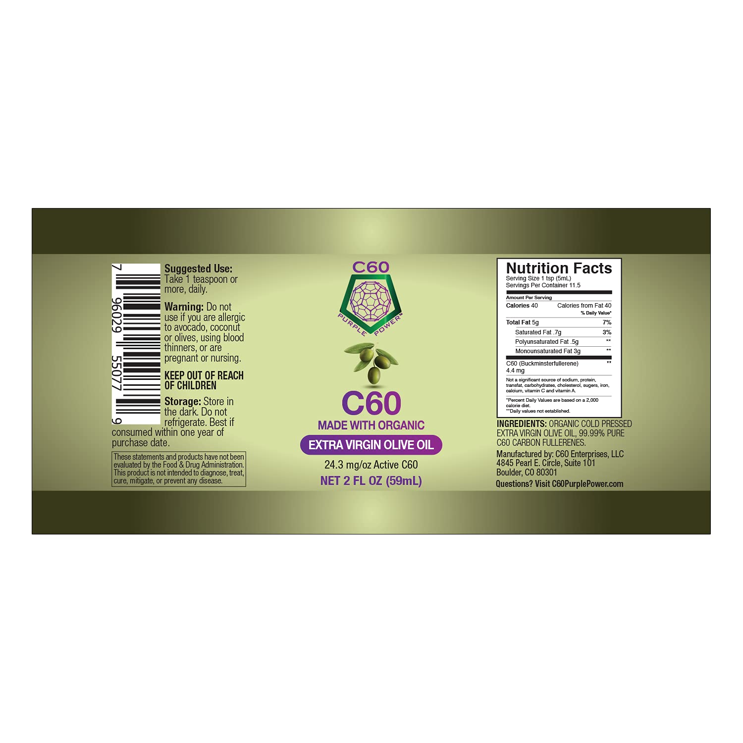 C60 Purple Power Organic Extra Virgin Oliva Oil, 2 Fl Oz Organic Cold-Pressed Olive Oil, 99.99% Pure c60 Carbon Fullerenes, Lift the Oxidative Burden at the Cellular Level, Optimize Mitochondrial Function Pack of 2