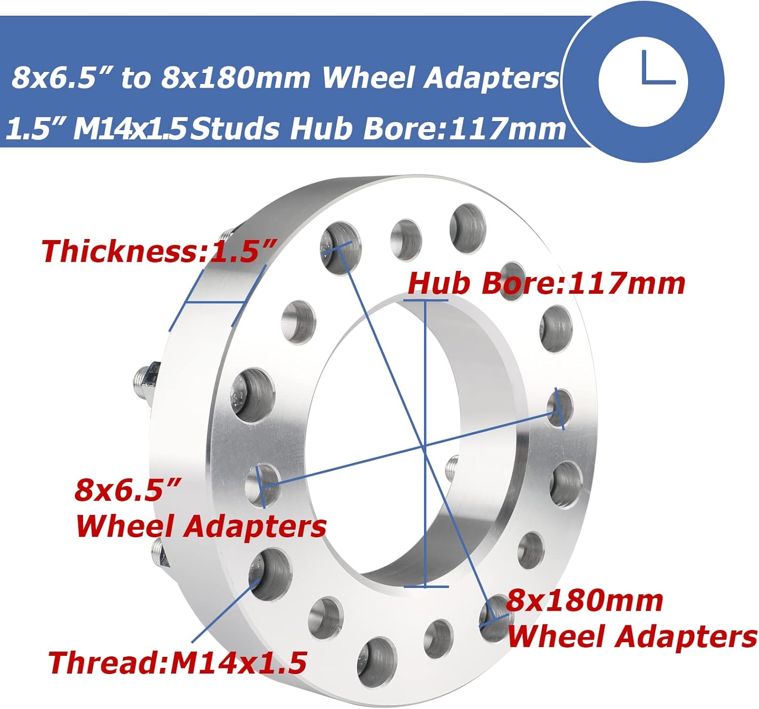 EOTH 2pcs 8x6.5 to 8x180 Wheel Adapters, 1.5 Inch 8x165.1 to 8x180 Wheel Adapters 117mm Center core with M14x1.5 Studs, Chrome Pack of 2