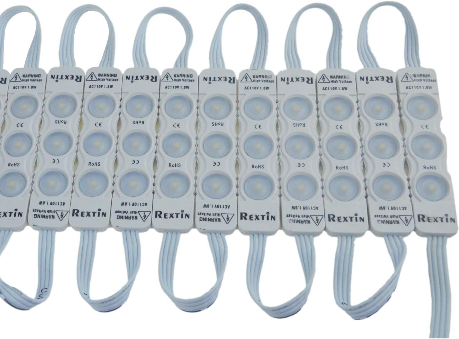 Rextin Super Bright 110V 100pcs New Model 2835 3 LED Module White120-150LM Per Module Waterproof Decorative Light for Letter Sign Advertising Signs with Tape Adhesive Backside (White) Pack of 2