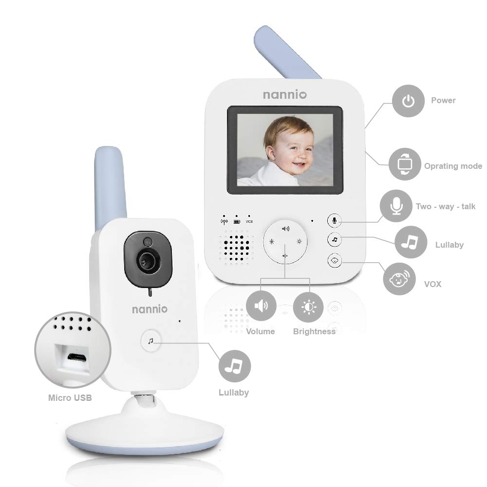 nannio Hero2 Video Baby Monitor with Camera and Audio, Two-Way Talk, Auto Night Vision, Voice Activation, 5 Lullabies, 985ft Range, Long Battery Life, Non-WiFi, Baby Shower Gifts, 2 Years Warranty Pack of 2