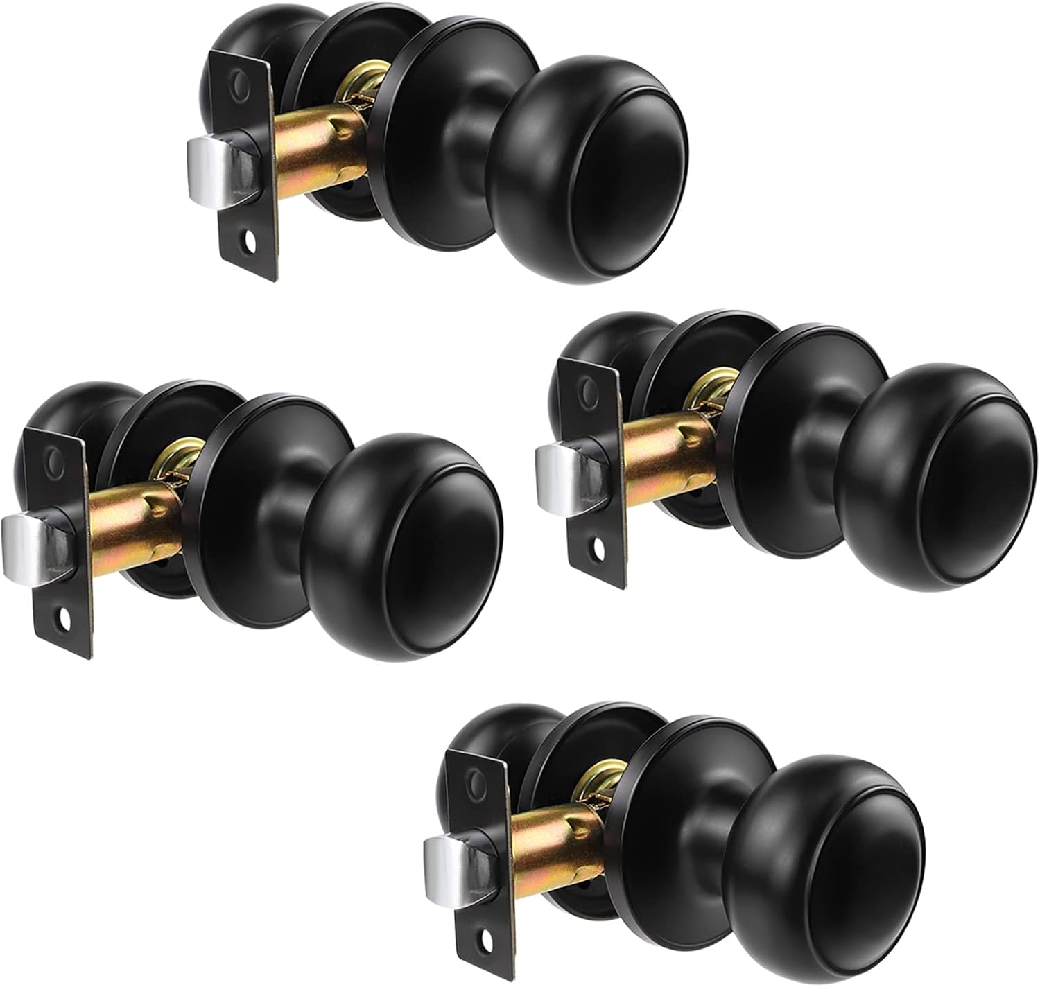 Black Passage Door Knobs Closet, Interior Passage Door Lock Handle Set Without Key, Keyless Door Knobs levers Black for Hall and Closet. Round Style Passage Door Knobs (4 Pack). Pack of 2