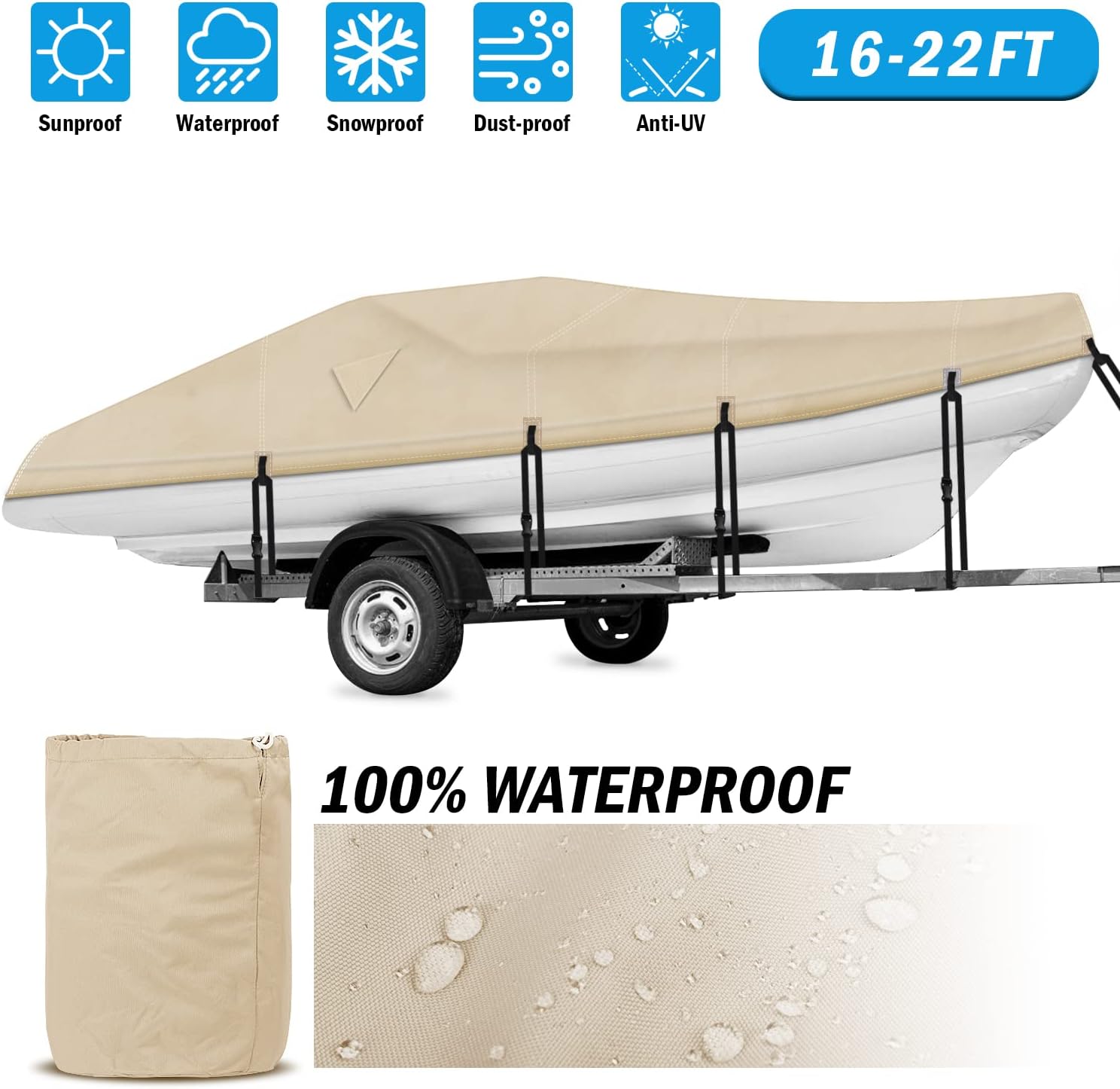 Rockvale Boat Cover,Heavy Duty 600D Trailerable Waterproof Boat Canvas, Universal Marine Grade Outboard Boat Shade for Bass Boat, Tri-Hull, V-Hull, Ski, Fishing Runabout Boat (17-19ft, Beige)