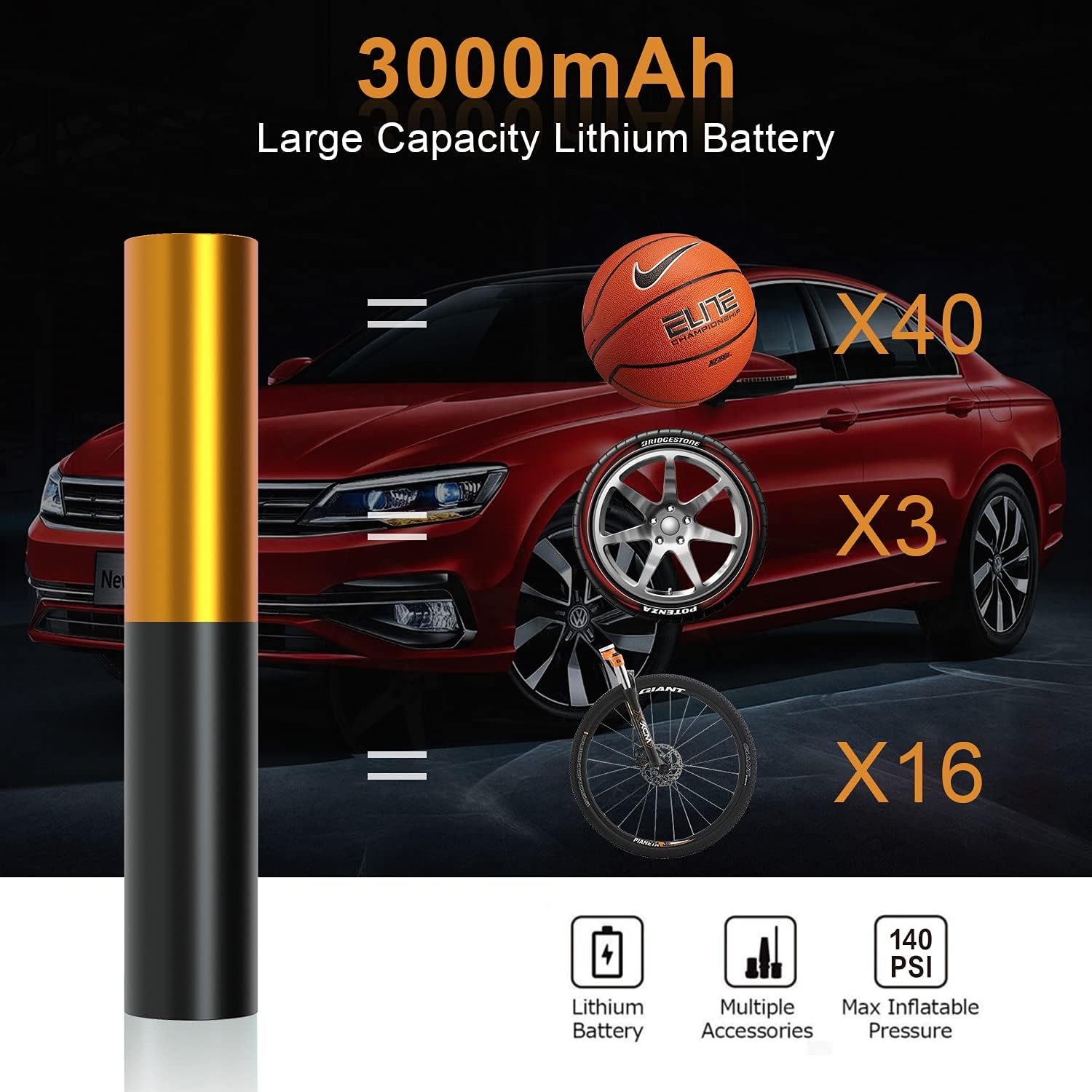 AUTDER Bike Tire Pump - 3000mAh Portable Air Pump with Digital Pressure Gauge and Auto-Off Function, 140PSI Wireless Rechargeable Air Compressor, Large LCD Screen & Bright LED Light Pack of 2