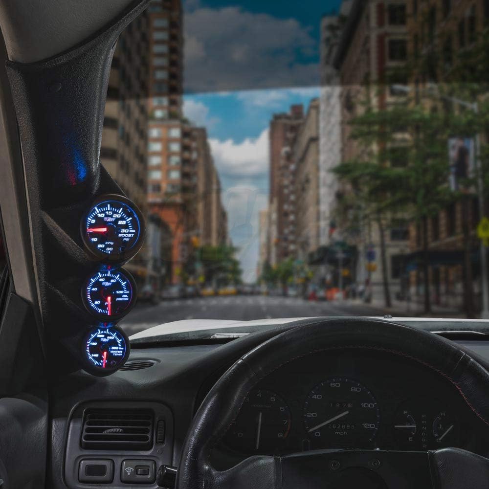 GlowShift Gauge Package Compatible with Acura RSX 2002-2006 - Tinted 7 Color 30 PSI Boost/Vacuum, 100 PSI Oil Pressure & Oil Temperature Gauges - Black Triple Pillar Pod