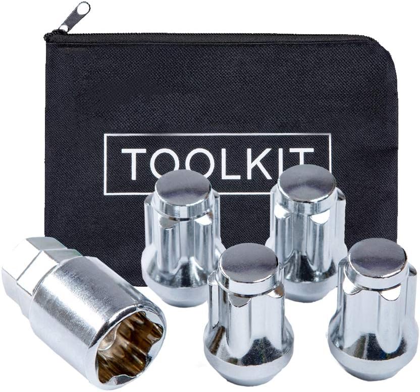 Wheel Locks Anti Theft, M12 x 1.5 Thread Size Chrome Cone Seat Wheel Locking Nuts Set of 4 and Wheel Lock Key Pouch Pack of 2