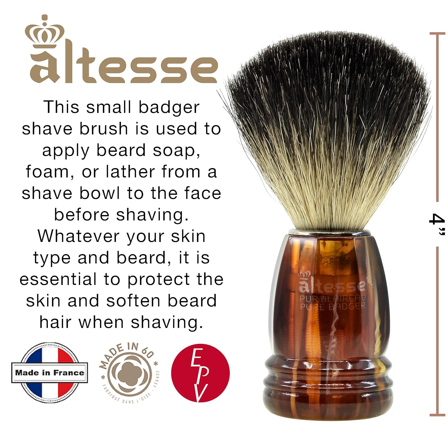 Altesse 72508 Natural Badger Shaving Brush for Shave Cream, Shaving Soap, Shaving Cream Foam and Lather for Wet Shave With Shaving Razor, Safety Razor, and Straight Razor. Made in France Pack of 2