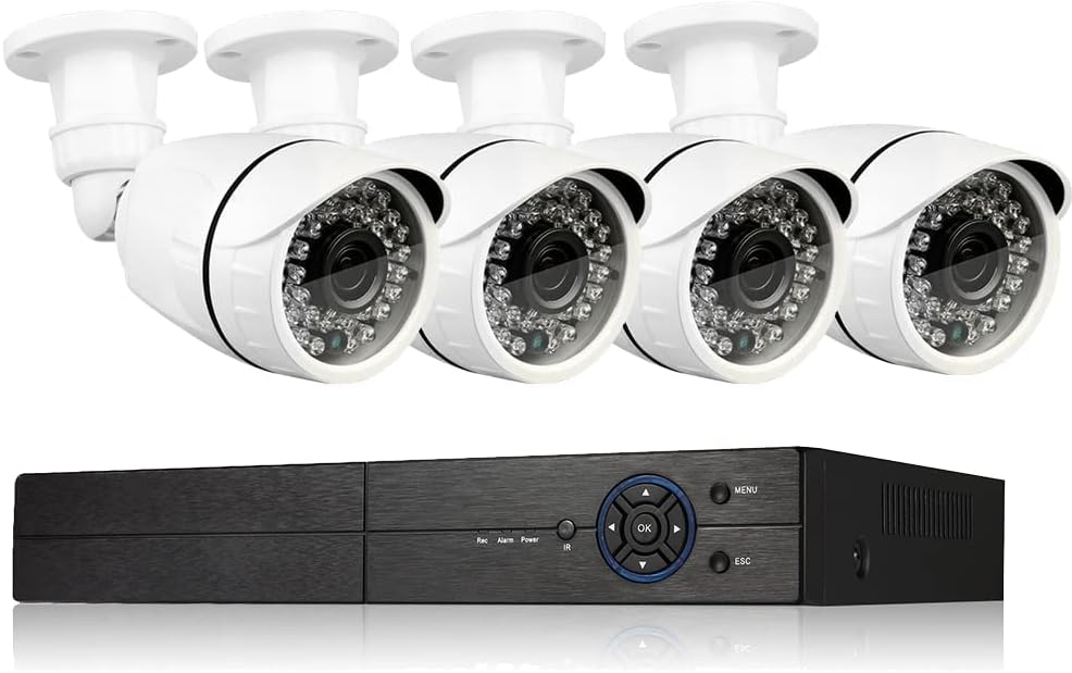 Eversecu 4 Channel Security Camera System 1080P DVR and (4) 1.0MP 720P Weatherproof Cameras Support Night Vison Weatherproof, Motion Alert, Smartphone, PC Easy Remote Access (NO HDD Included)