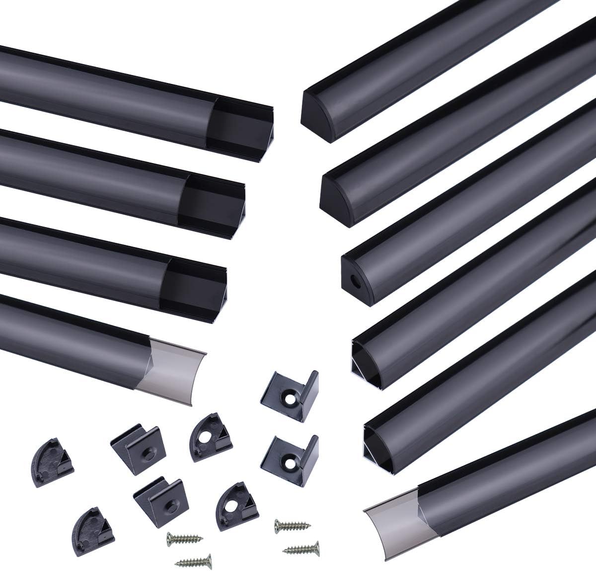 Muzata 10Pack 6.6FT/2M V-Shape LED Channel System with Crystal Smoky Transparent Clear Cover Lens Frosted, Black Aluminum Extrusion Profile Housing Tape Lights V1SW BB 2M,LV1 LW1 L2M