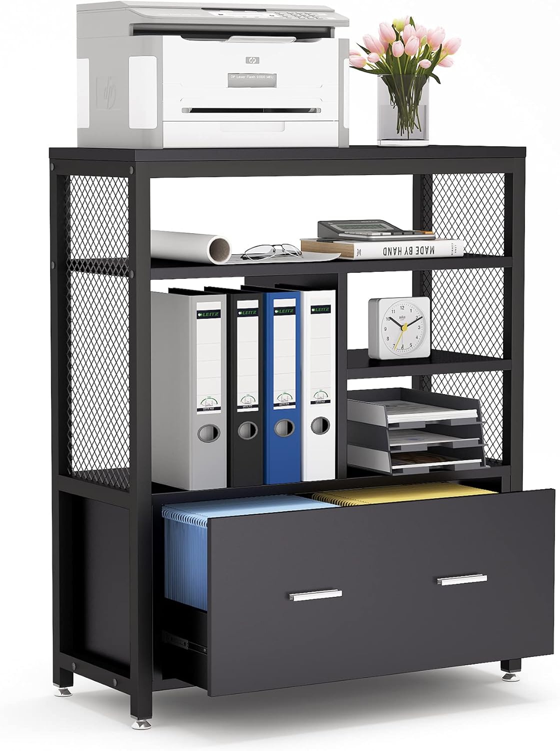Tribesigns Wood Lateral File Cabinet with Drawer for Letter Size, Large Modern Filing Cabinet Printer Stand with Metal Wire Open Storage Shelves for Home Office (Black)