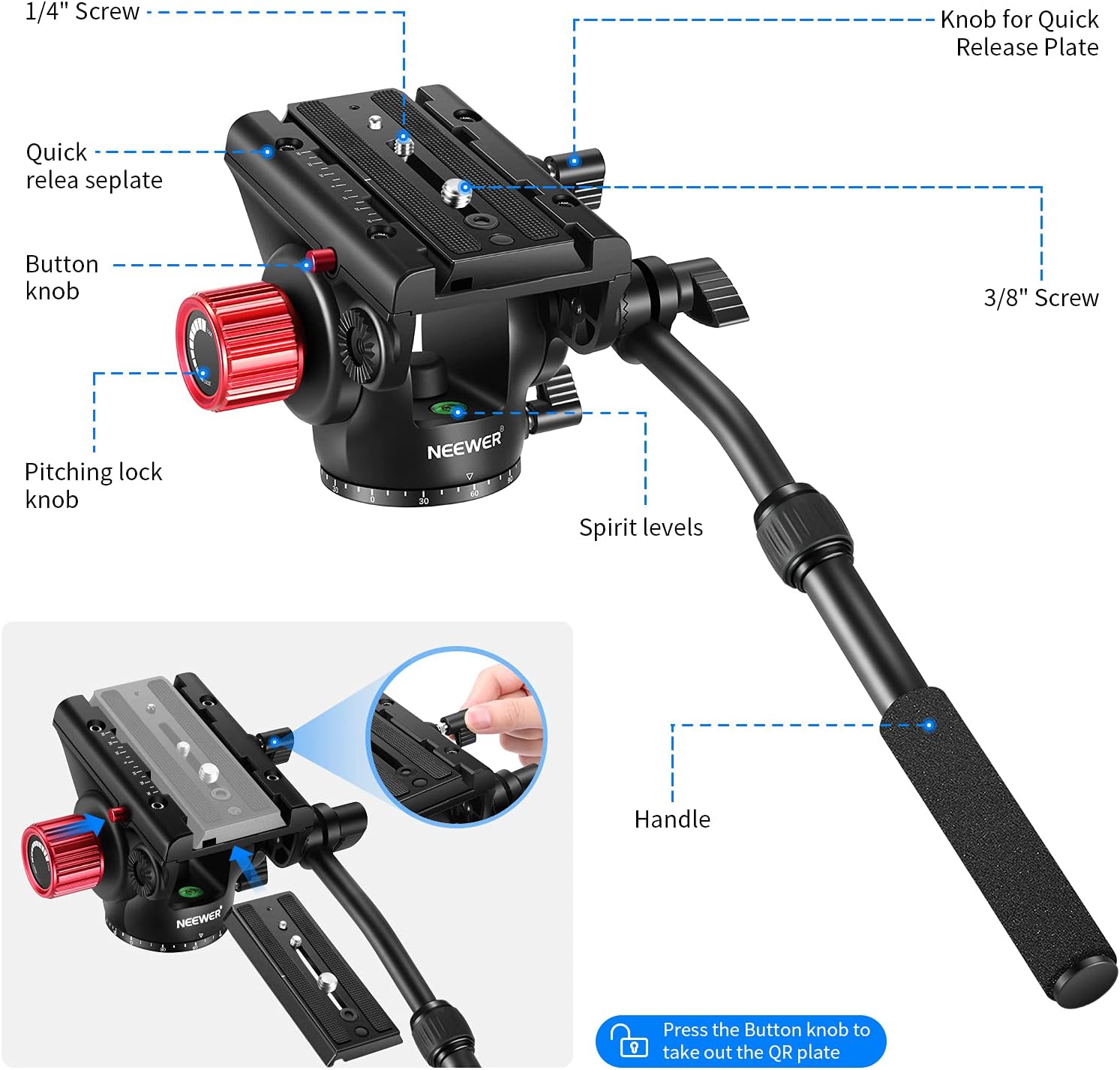 Neewer Metal Heavy Duty Video Camera Tripod Fluid Drag Pan Head with Sliding Plate and 2-Section Adjustable Handle for Tripod DSLR Cameras Video Camcorders Shooting Filming，Load up to 11pounds/5kilograms Pack of 2