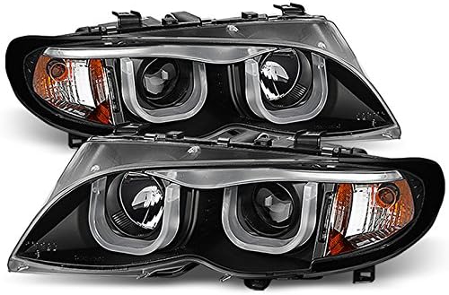 AKKON - For 2002-2005 BMW E46 3 Series 4-Doors Sedan Wagon [3D STYLE] DRL Dual-U LED Tube Black Projector Headlights LH+RH Pair