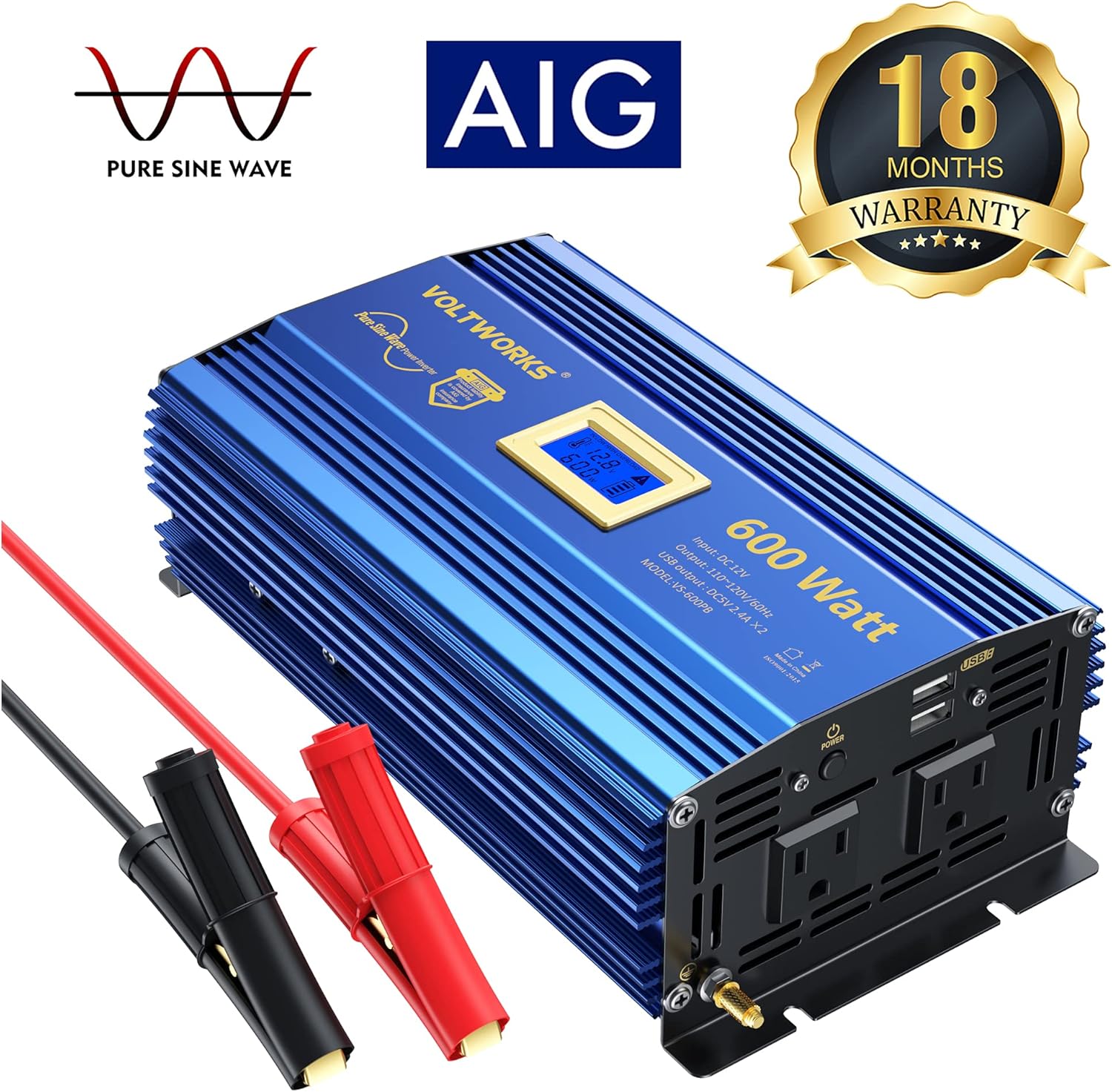 VOLTWORKS 600 Watts Pure Sine Wave Power Inverter 600w DC 12V to AC 110V 120V with Dual 2.4A USB Port & LCD Display Two AC Outlets for Car Truck RV