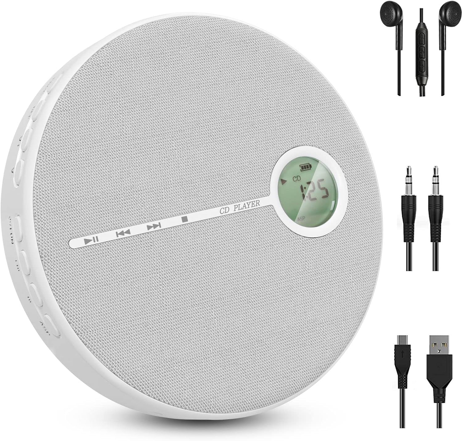 Newest CD Player Portable, WOKALON Rechargeable CD Player with Bluetooth, Anti-Skip CD Player with Speakers for Car, Walkman CD Player with Headphones and AUX Cable, 2000mAh Battery (Gray) Pack of 2