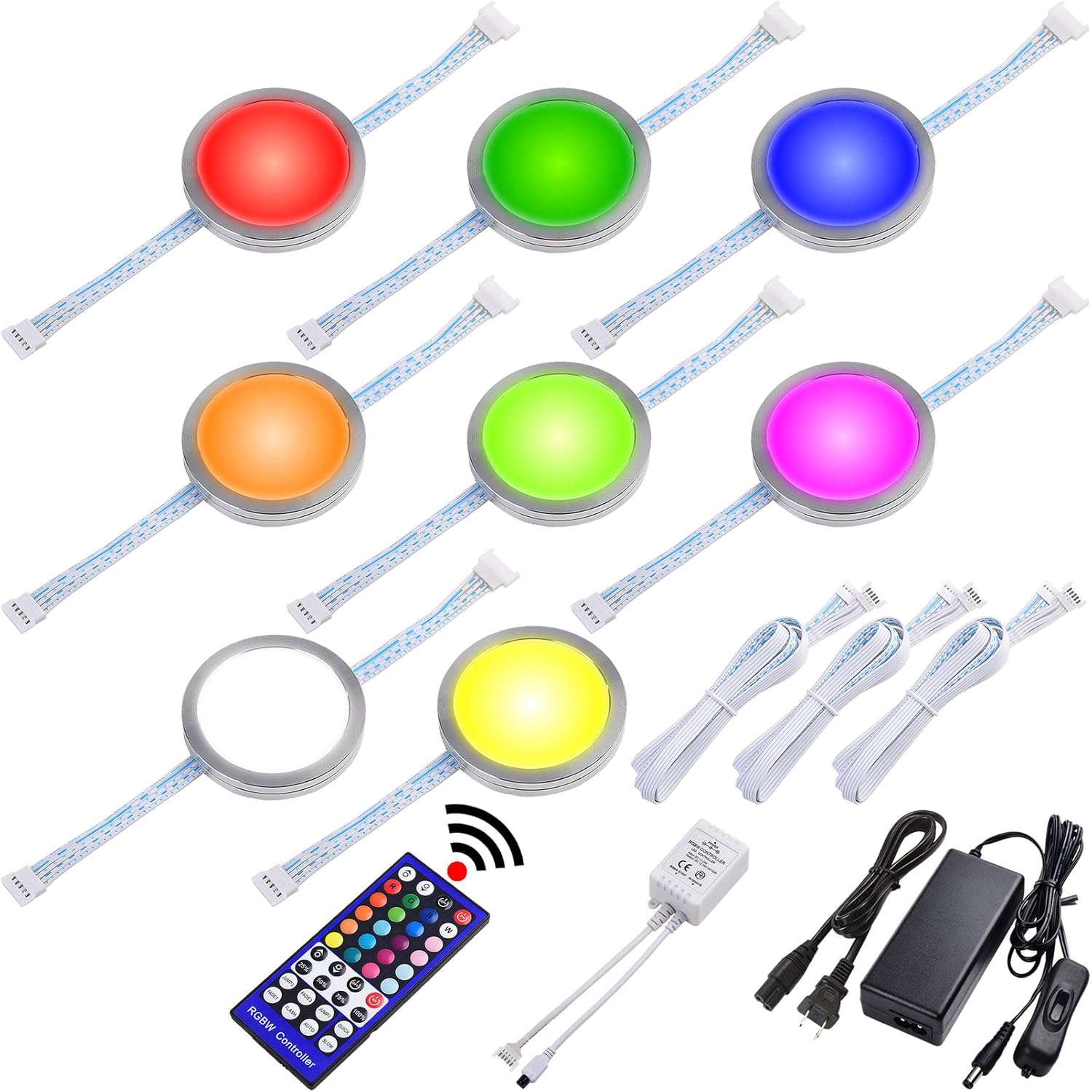 Lvyinyin RGBW Under Cabinet LED Lighting Kit, Linkable Puck Light, RGB & Daylight White, Wireless Remote Control Dimmer, 120V to 12V Direct Hardwired Wall Plug, 8 Lights Pack of 2