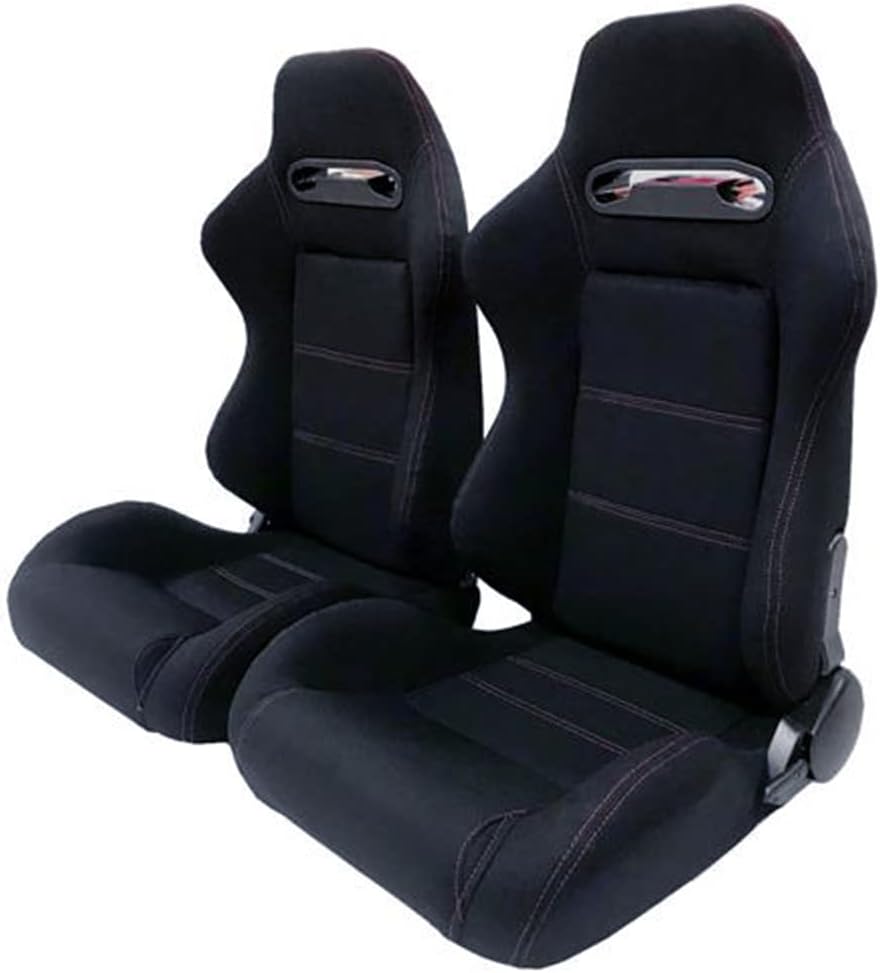 Parts-Diyer Racing Bucket Seats for Car Universal Bucket Reclinable Sports Racing Seats with Sliders Rails Red Stitch Black Cloth Set of 2