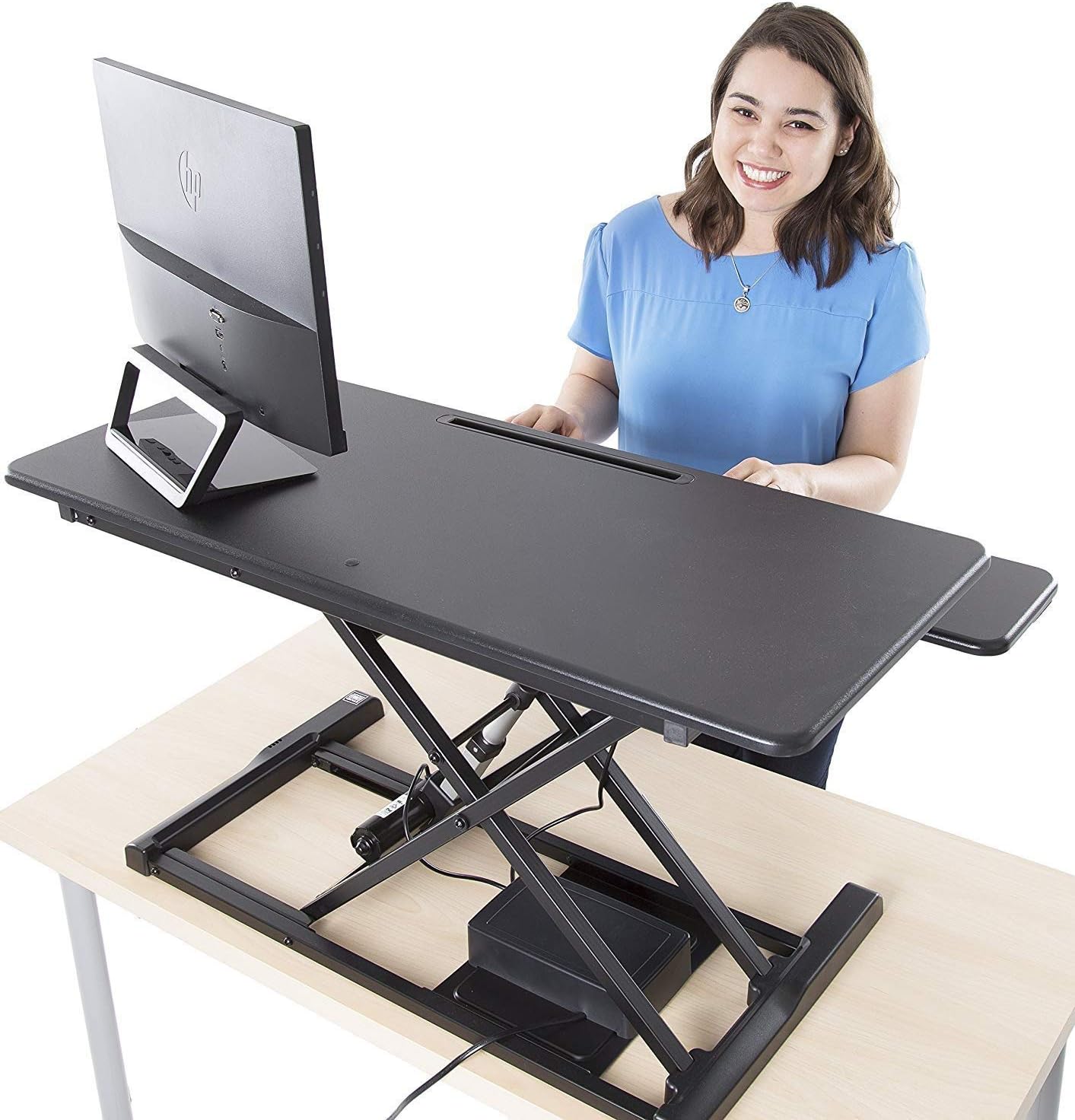 Stand Steady Flexpro Hero Power | Electric Standing Desk Converter/Desk Riser with Wireless Charging | Turns Any Desk into a Sit to Stand Up Desk | Integrated Phone/Tablet Holder (37.5 Inch/Black)