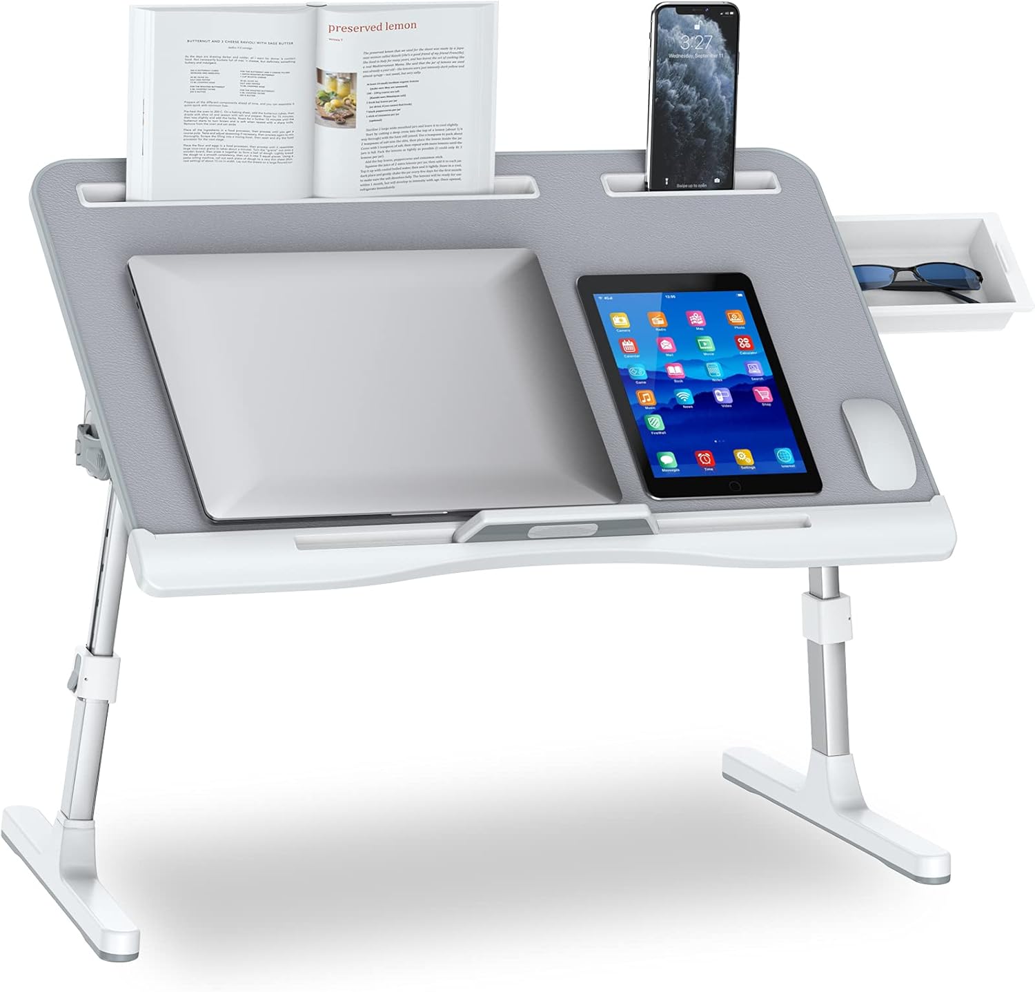 Potuopy Laptop Desk for Bed, Bed Desk for Laptop, Adjustable Laptop Bed Desk with Storage Drawer, Foldable Bed Desk for Working, Writing, Drawing (X-Large, White Marble) Pack of 2