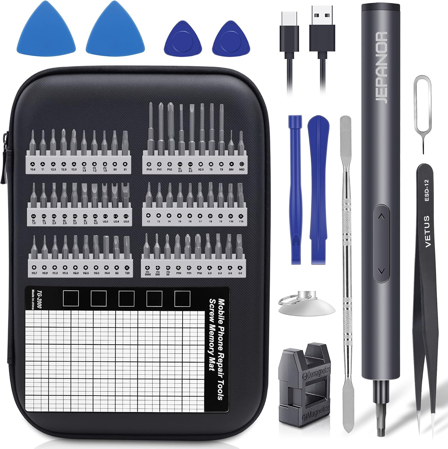 JEPANOR Mini Electric Screwdriver, Electric Precision Screwdriver Set, 76 in 1 Small Portable Cordless Torque Power Screwdriver with 60 Magnetic Bits, Rechargeable Handy Repair Tool for Phone Laptop Pack of 2