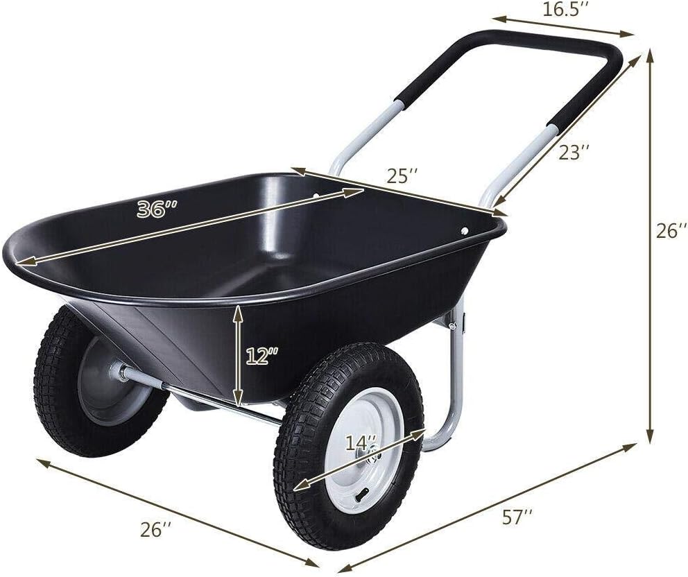 2 Tire Wheelbarrow Garden Cart Heavy-Duty Cart Black2 Tire Wheelbarrow Garden Cart Heavy-Duty Cart Black Fabr Garden Patio accessorie Yard cart Fabr, 57inch x26inch x26inch（LxWxH） (2180238)