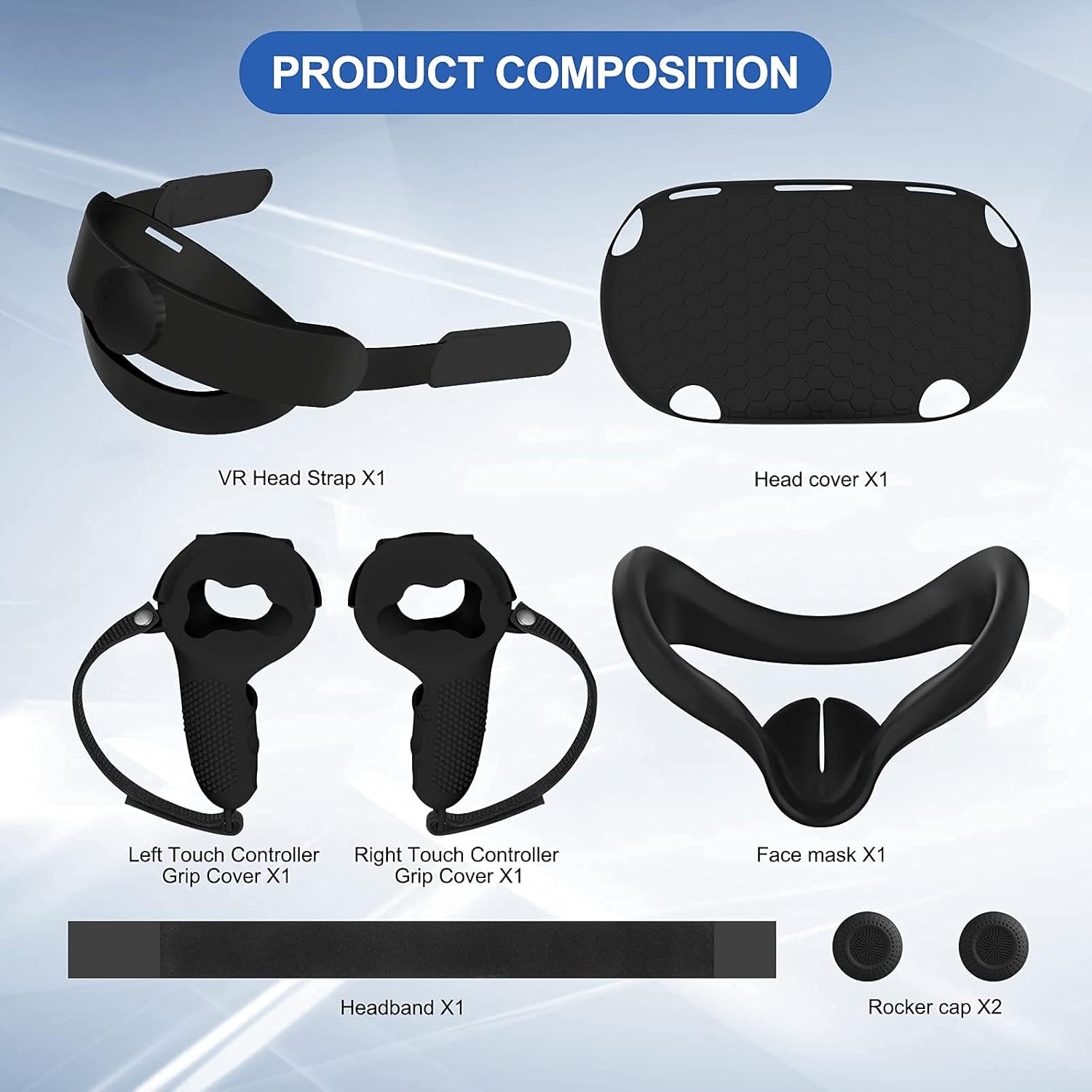 MASiKEN Oculus Quest 2 Accessories 5-IN-1, Meta Quest Replacement Head Strap Kit, VR Shell Front, Face Cover,Controllers Cover, Enhanced Comfort and Support IN VR,New Years Bundle (Cool Black) Pack of 2