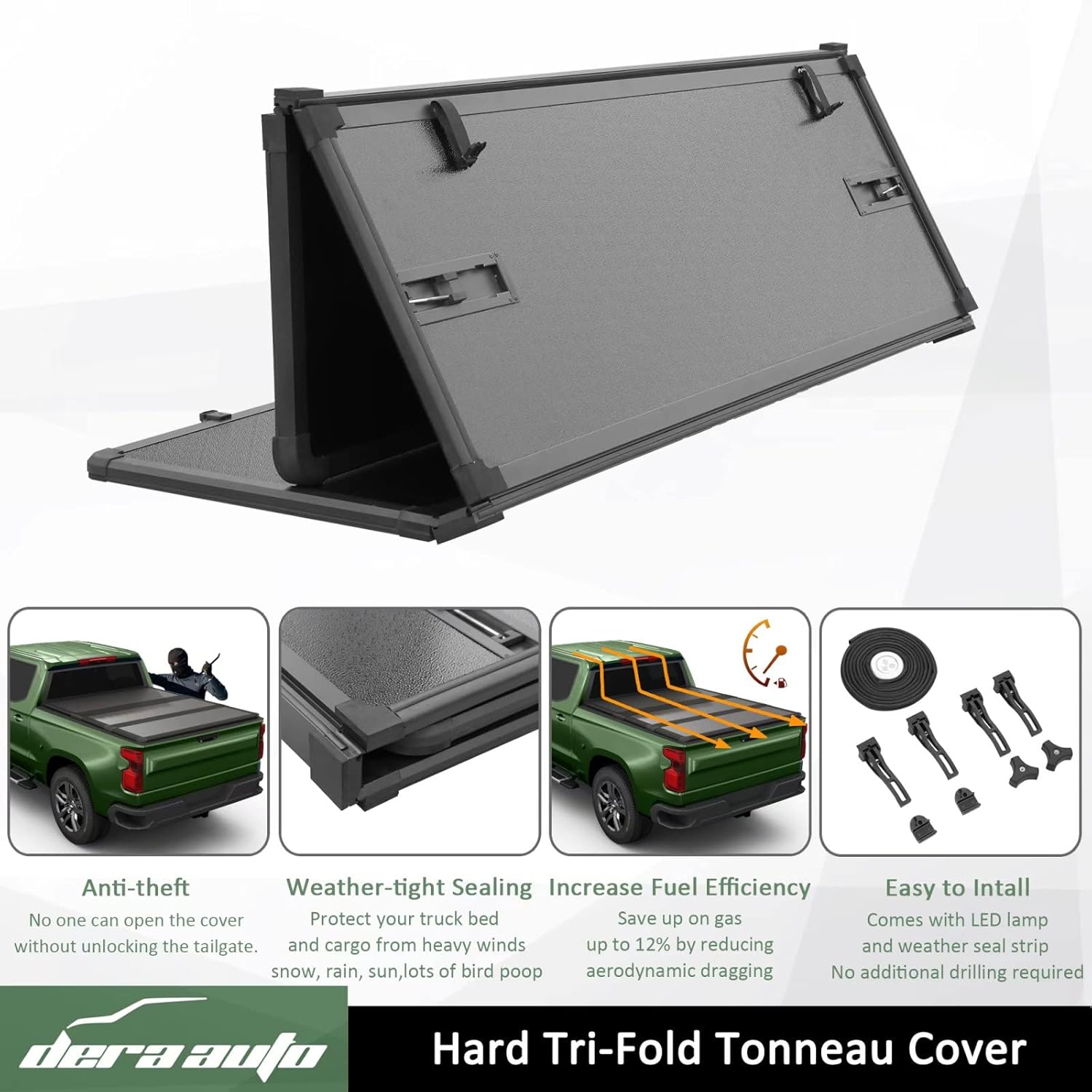 Dera Auto Hard Tri-Fold Truck Bed Cover Fits 2015-2022 F150, Styleside 6.5ft/78.9in Bed Tonneau Cover