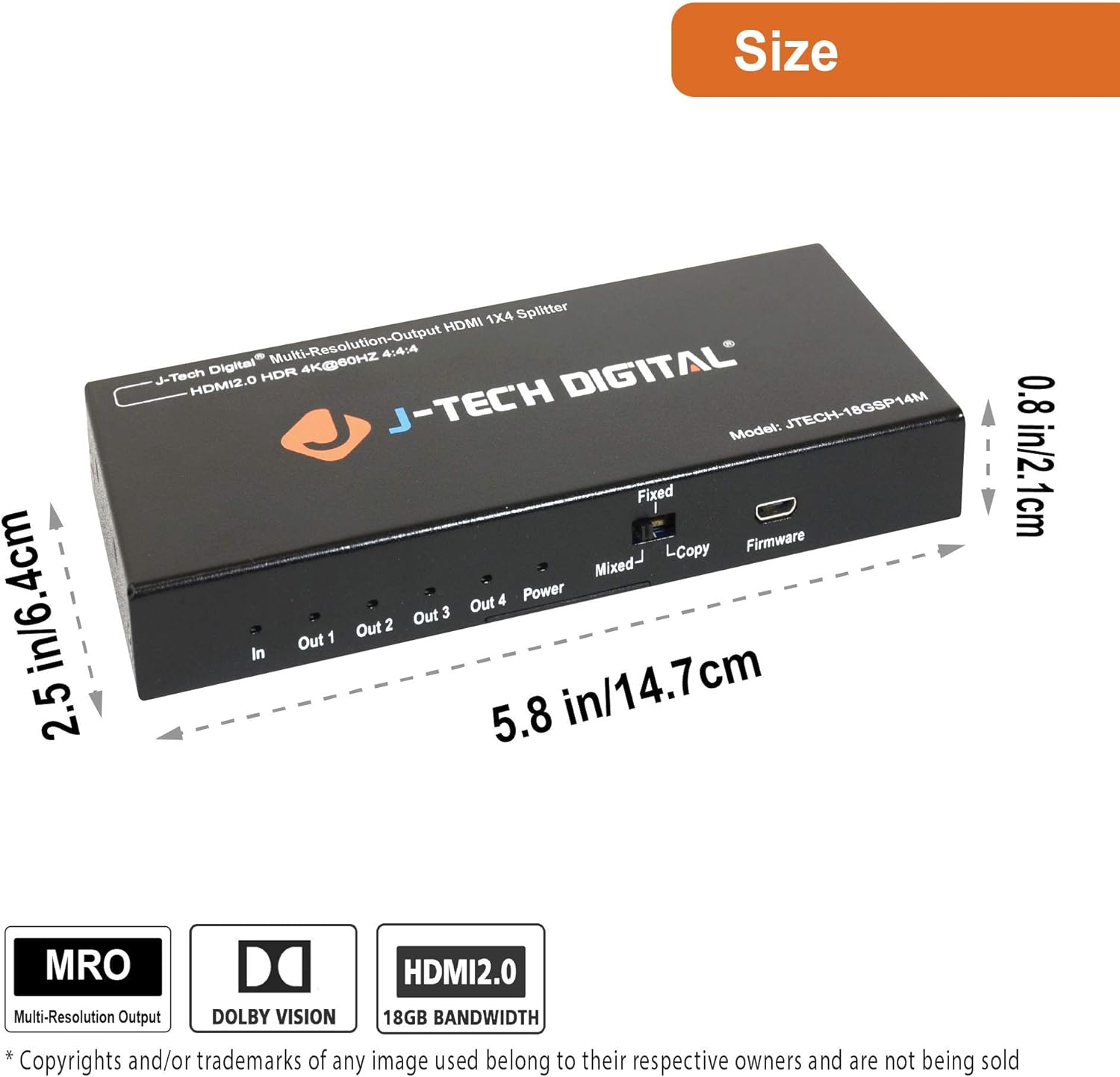J-Tech Digital Scaler/Multi-Resolution Output (MRO) 18GBps 1x4 HDMI 2.0 Splitter HDR10/Dolby Vision 4K@60Hz 4:4:4 [JTECH-18GSP14M] Pack of 2