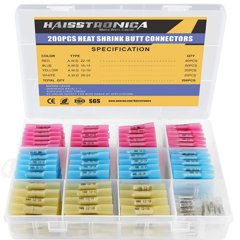 haisstronica 660PCS Marine Grade Heat Shrink Butt Connectors Kit,AWG 22-10 Waterproof Electrical Wire Connectors,Tinned Red Copper Butt Splice Connectors,with Removable Storage Bins(3Colors/3Sizes) Pack of 2
