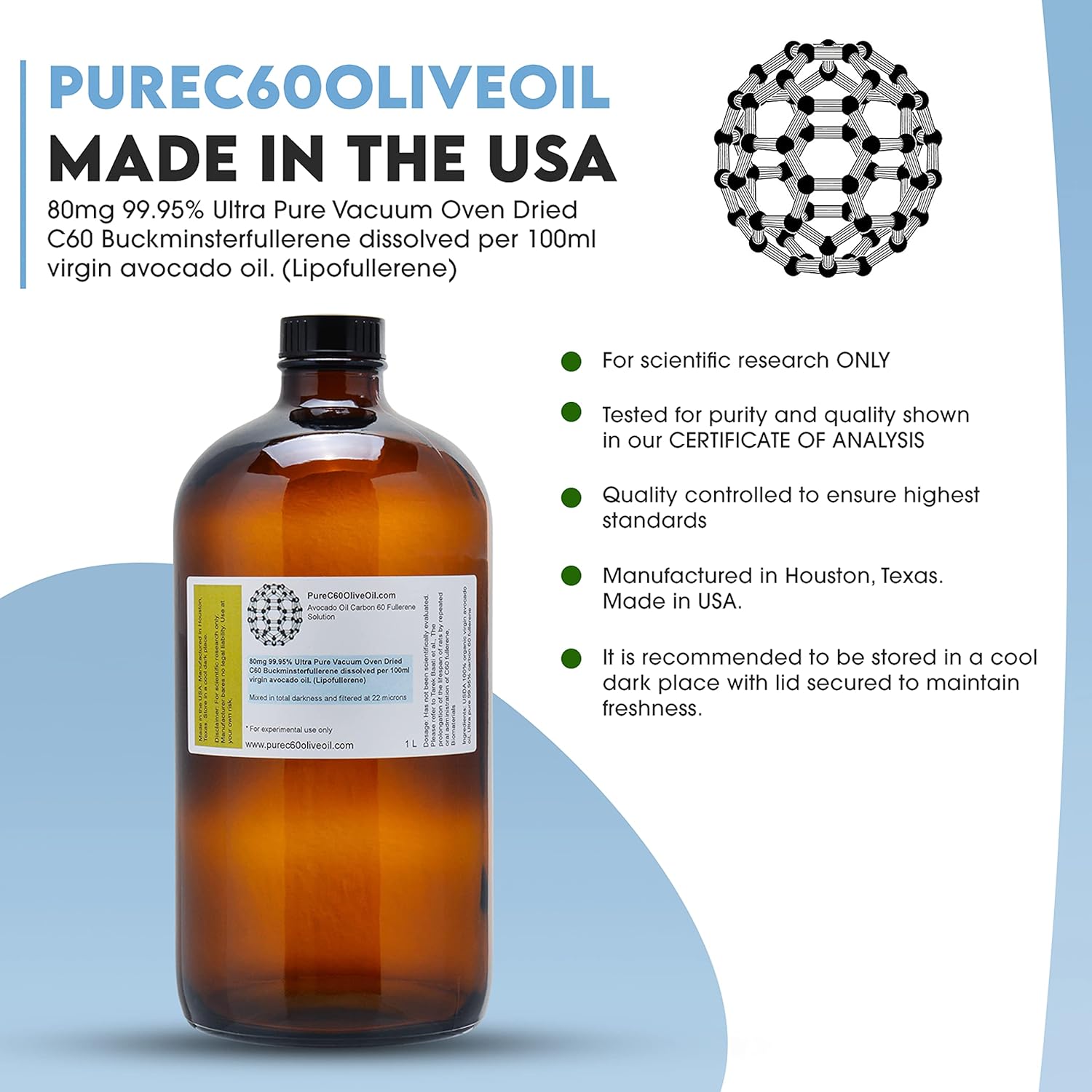 PureC60OliveOil C60 Avocado Oil 1L / 33.8 Fl Oz - 99.95% Carbon 60 Solvent Free 800mg - Amber Glass Bottle - Food Grade - Third Party Tested - Carbon 60 Avocado Oil - From The Leading Global Producer