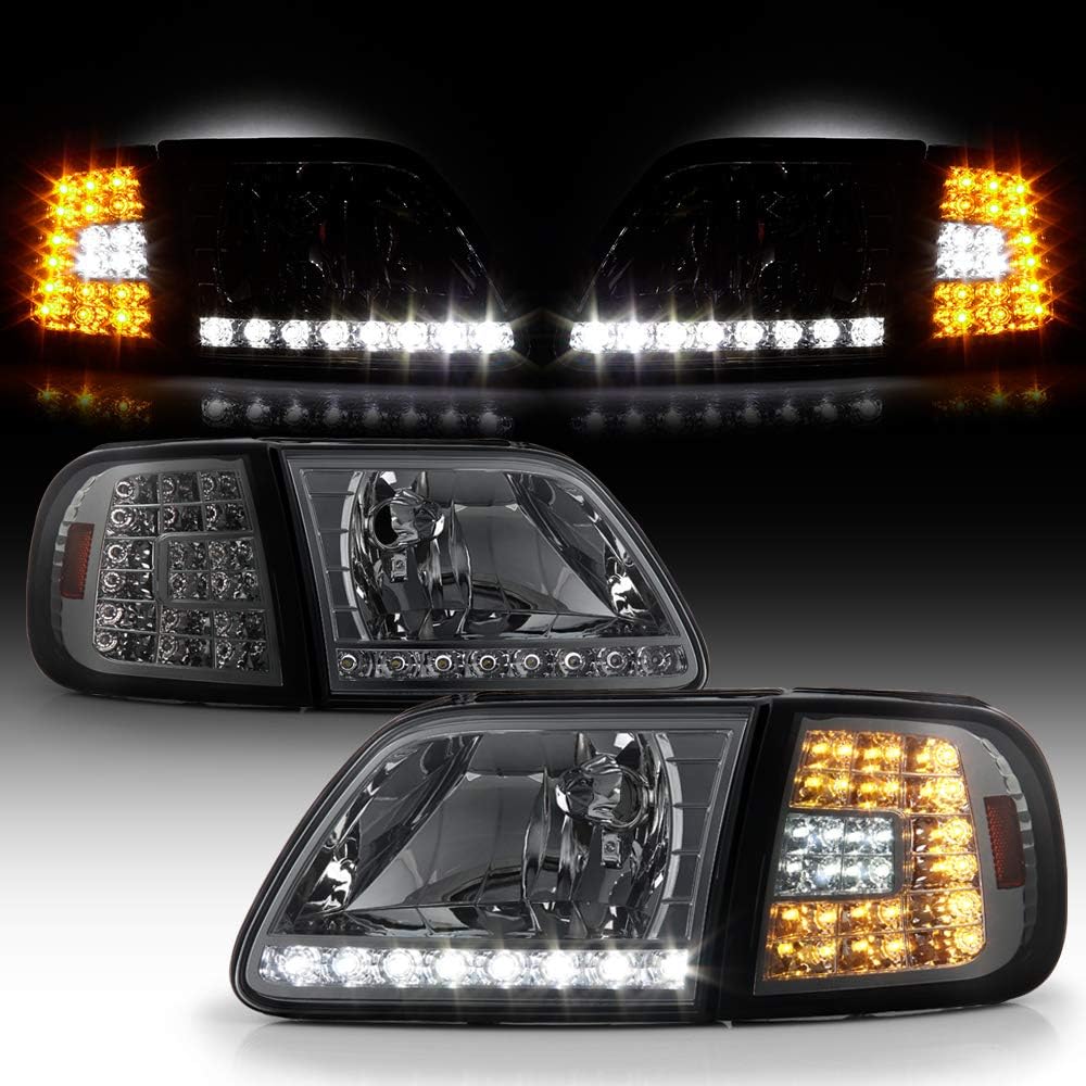 ACANII - For Smoked 1997-2003 Ford F150 Expedition LED Strip DRL Headlights+LED Corner Lights Driver & Passenger Side