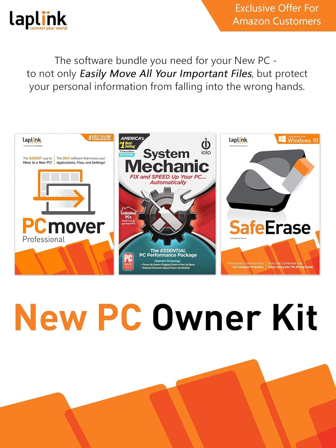 New PC Owner Kit | Laplink PCmover Professional | Laplink SafeErase | iolo System Mechanic | [PC Download] Pack of 2