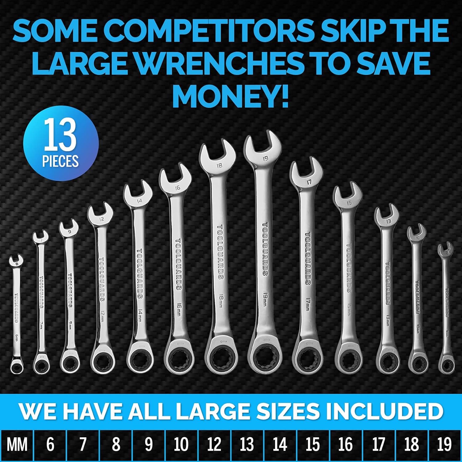 TOOLGUARDS 13 Pieces MM Slim Profile Ratcheting Wrench with Rack Organizer Pack of 2