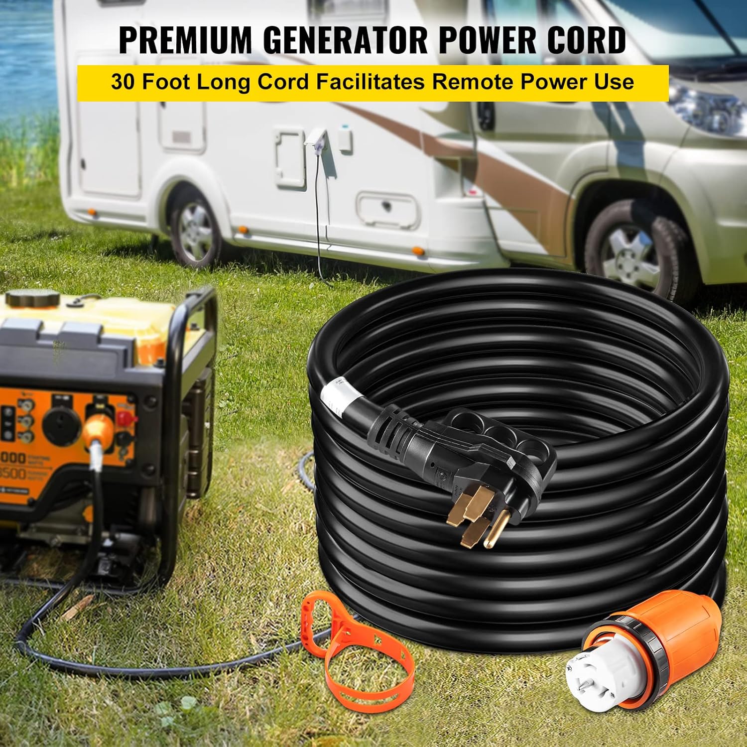VEVOR Generator Cord, 30' Generator Power Cord w/ Plug in & Out Pin of Inlet Box Side, 50AMP SS2-50R/CS6375 Style Inlets Cable, 12000W UL Listed Extension Cord, 125/250V Power Generator Cord w/ Strap