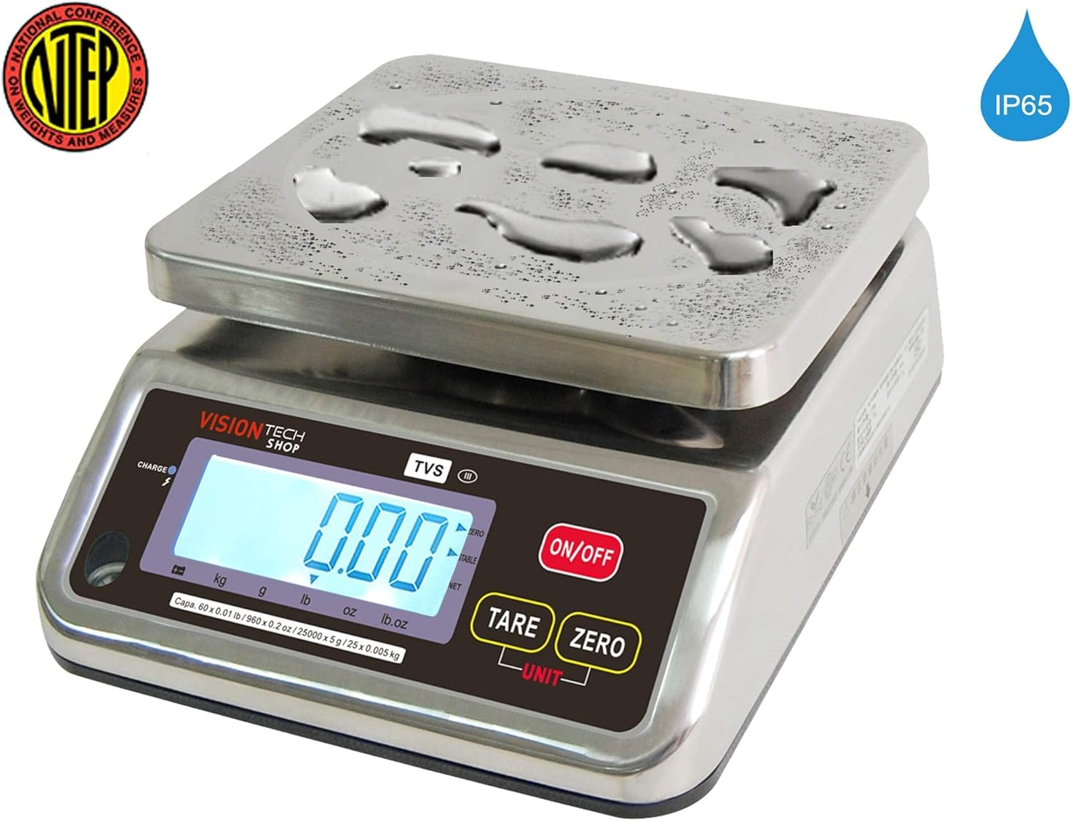 VisionTechShop TVS Portion control Stainless steel Washdown Scale, Lb/Oz/Kg/g Switchable, Low Profile Design, 60lb Capacity, 0.01lb Readability, Dual Display, NTEP Legal for Trade Coc #19-058
