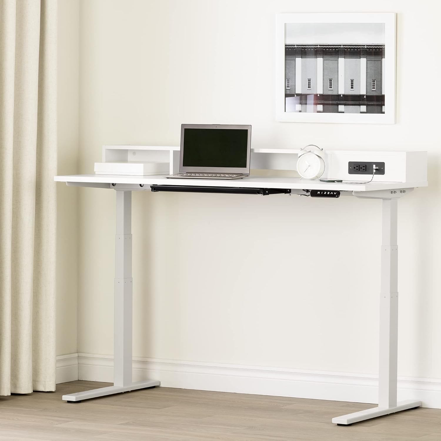 South Shore Majyta Adjustable Height Standing Desk with Built In Power Bar Pure White