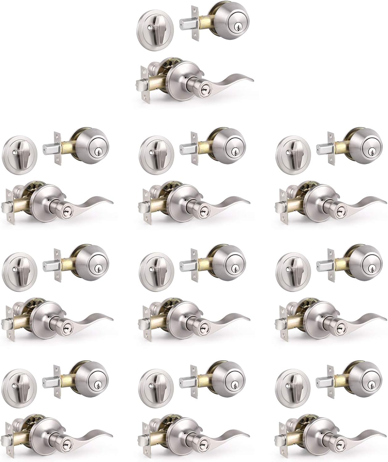 6 Pack Wave Style Entry Door Levers with Double Cylinder Deadbolt, All Keyed Alike Satin Nickel Handlesets, Wave Style Front/Exterior Door Locksets