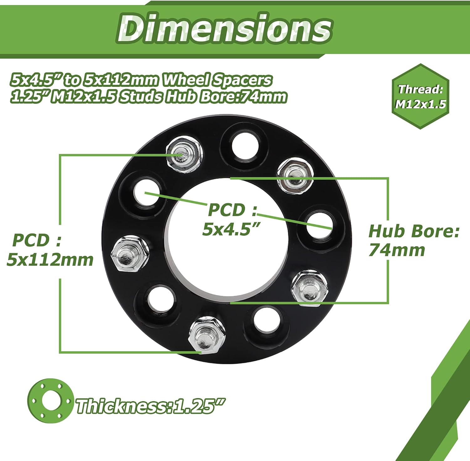 Ryin 5x4.5 to 5x112 Wheel adapters, 1.25 inch 5x114.3 to 5x112 Wheel adapters 74mm Hub Bore with 12x1.5 Thread Pitch.
