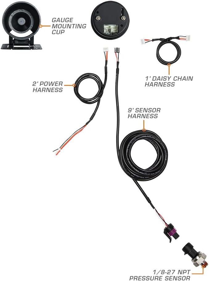 GlowShift Elite 10 Color 100 PSI Fuel Pressure Gauge Kit - Includes Electronic Sensor - Black Dial - Tinted Lens - Peak Recall Function - for Car & Truck - 2-1/16