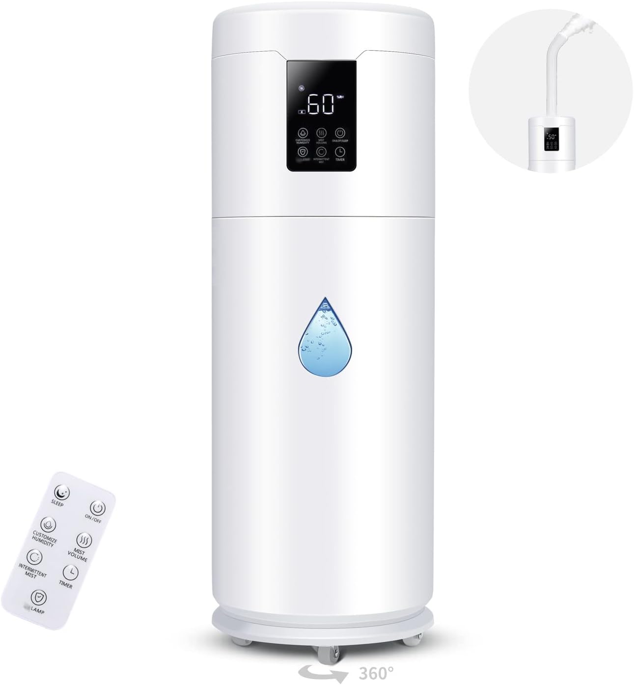 Tower Humidifiers for Large Room 1000 sq ft,Hiswelle 17L 4.49Gal Ultrasonic Cool Mist Topfill Humidifier with 360°Nozzle 4 Speed Humidistat Essential Oil Tray for Bedroom School Office Greenhouse