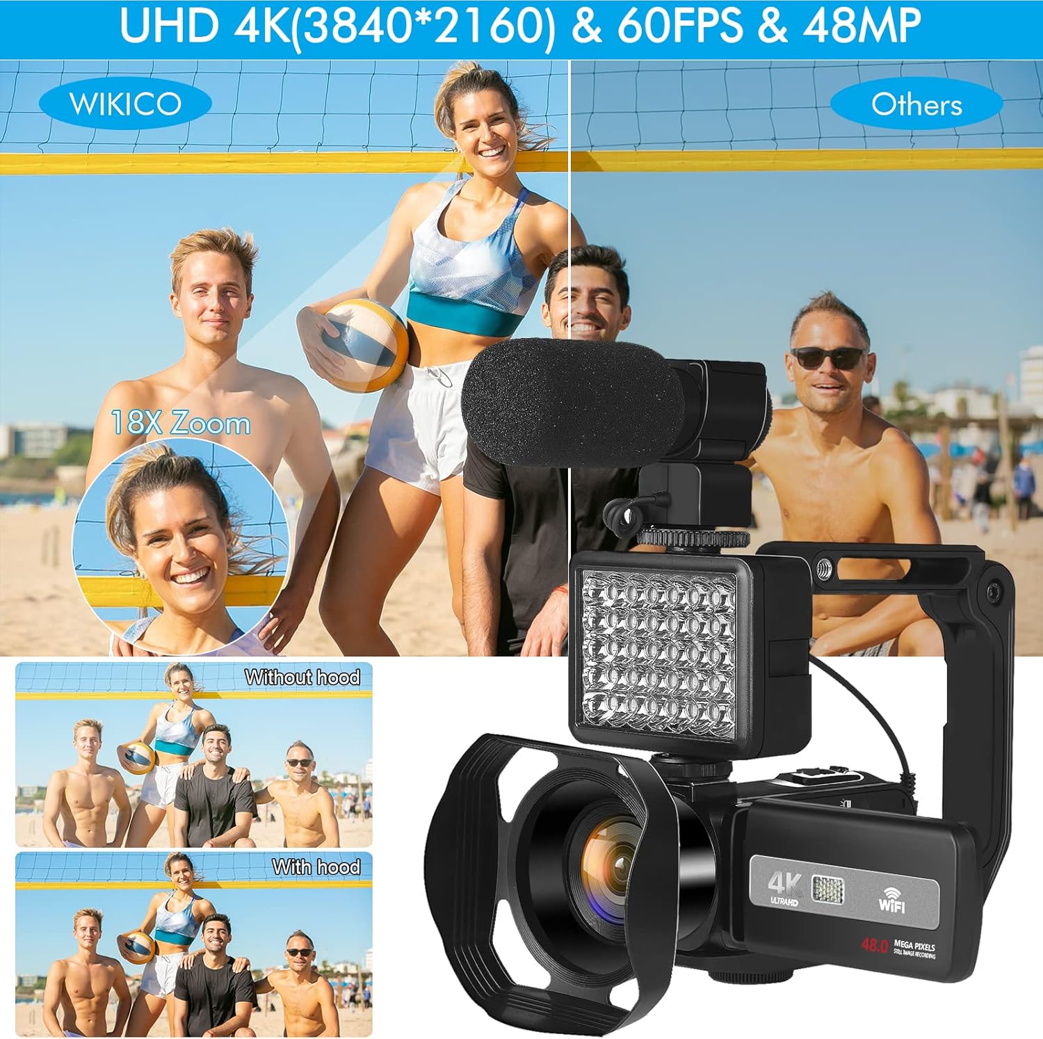 Video Camera, 4K Camcorder 48MP Autofocus Camera for YouTube with WiFi,18X Digital Zoom, Remote Control, Lens Hood, Stabilizer, External Microphone, Fill Light, 32GB SD Card, 2 Batteries