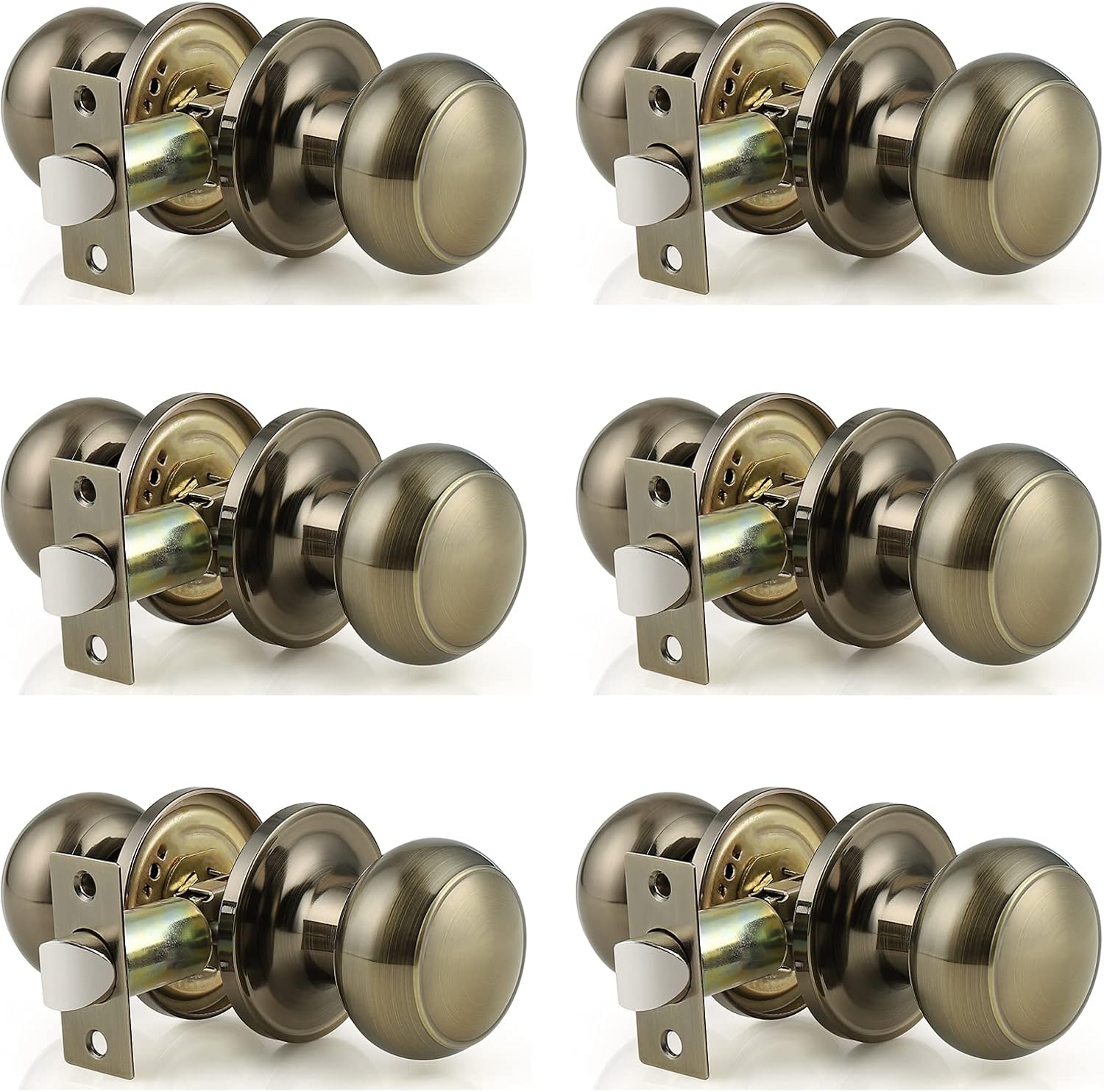 Probrico Round Door Knobs Passage Lock Antique Brass for Closet Hallway Passage Handle Keyless Lockset 6 Pack Pack of 2