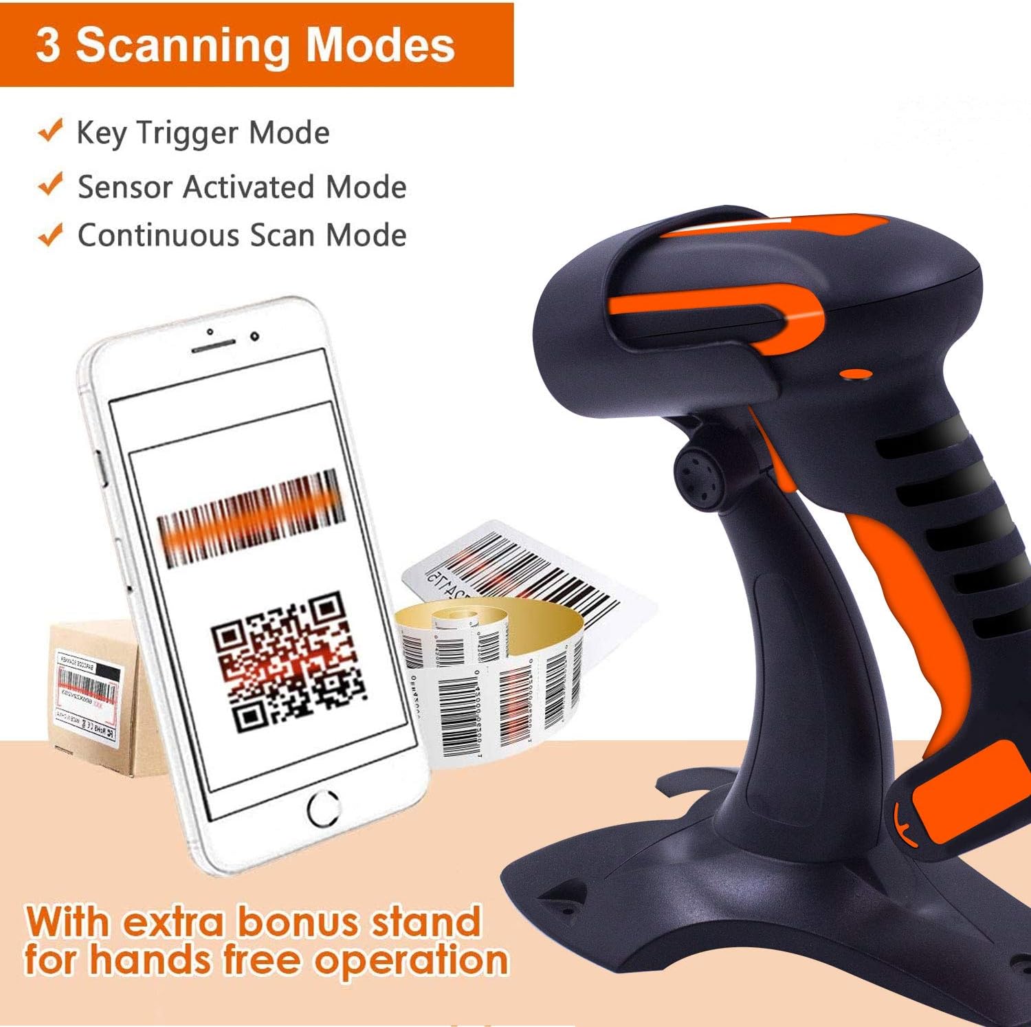 Symcode Wireless 2D Bluetooth Barcode Scanner with Stand, 3 in 1 Bluetooth & 2.4GHz Wireless & USB Wired Connection, Industrial Dustproof and Waterproof, QR Image Bar Code Reader with Vibration Alert Pack of 2