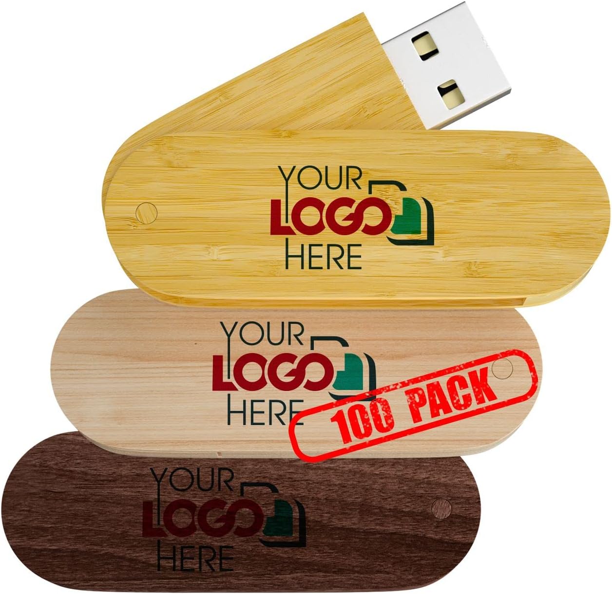 Possibox Custom Swivel Wooden USB 2.0 Flash Drive 128MB Imprinted or Engraved with Your Logo - Bulk Wholesale Promotional - 100 Pack