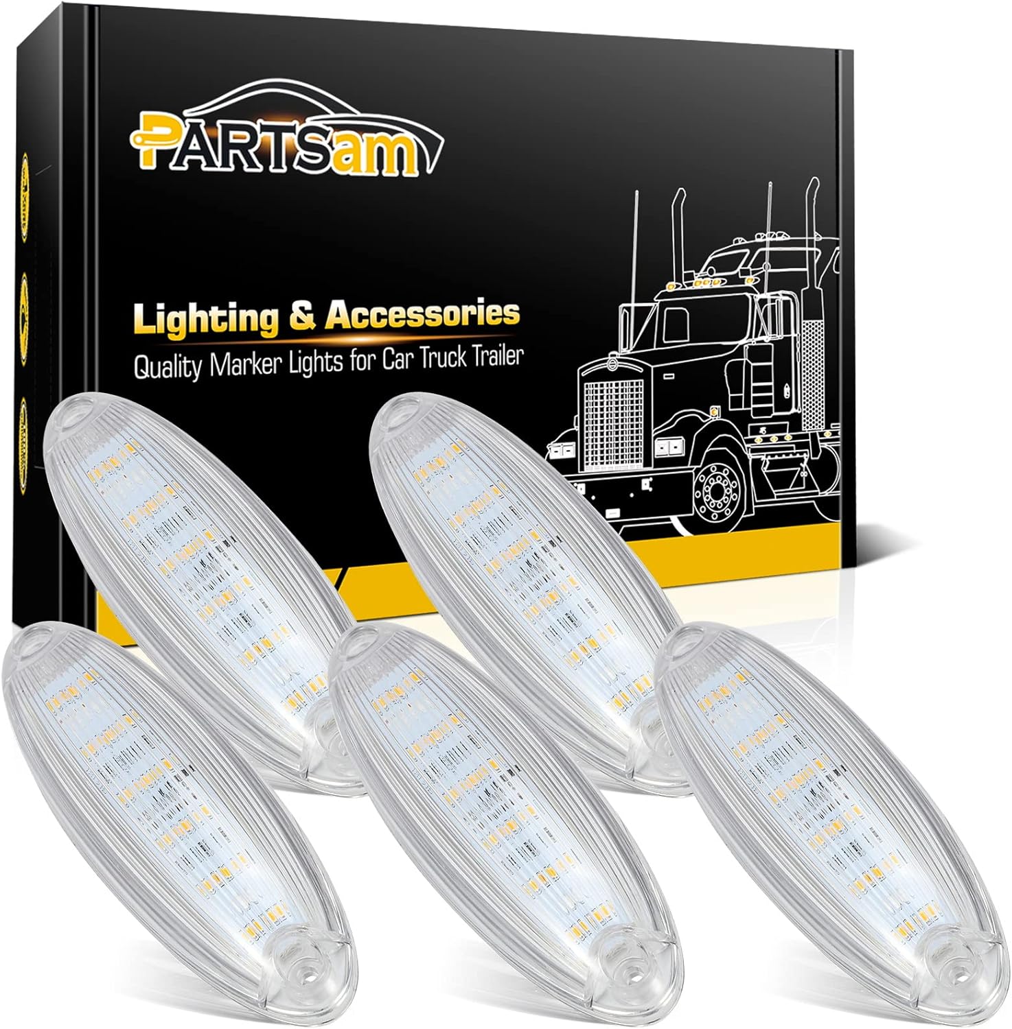 Partsam 5pcs Clear Lens Cab Clearance Roof Running Top Marker Lights Amber Yellow 6LED Amber Lights Assembly Waterproof Compatible with Freightliner Cascadia Heavy Duty Trucks Pack of 2