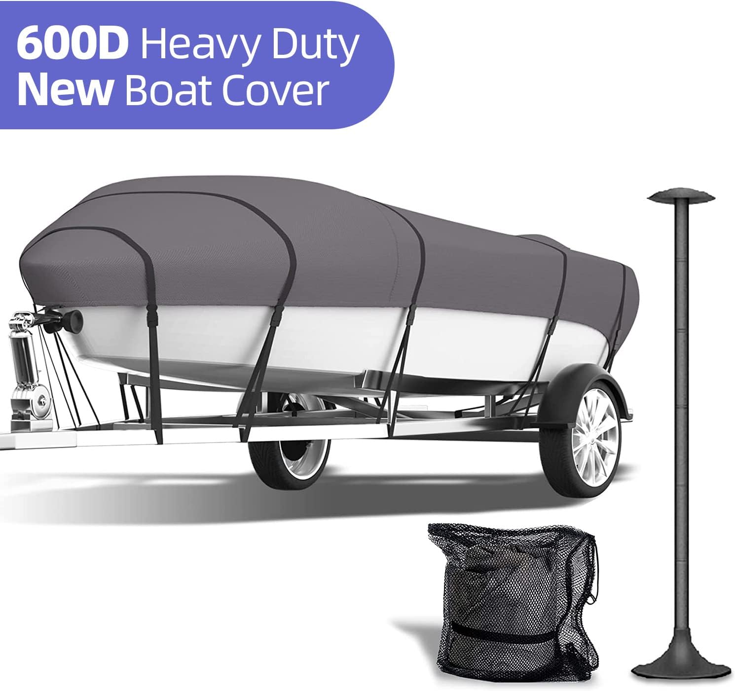 Umbrauto 600D Trailerable Boat Cover with Support Pole Marine Grade Polyester Heavy Duty Waterproof UV Resistant Boat Cover Fits V-Hull, Tri-Hull, Fishing Boat, Runabout(14'-16'L, Up to 90