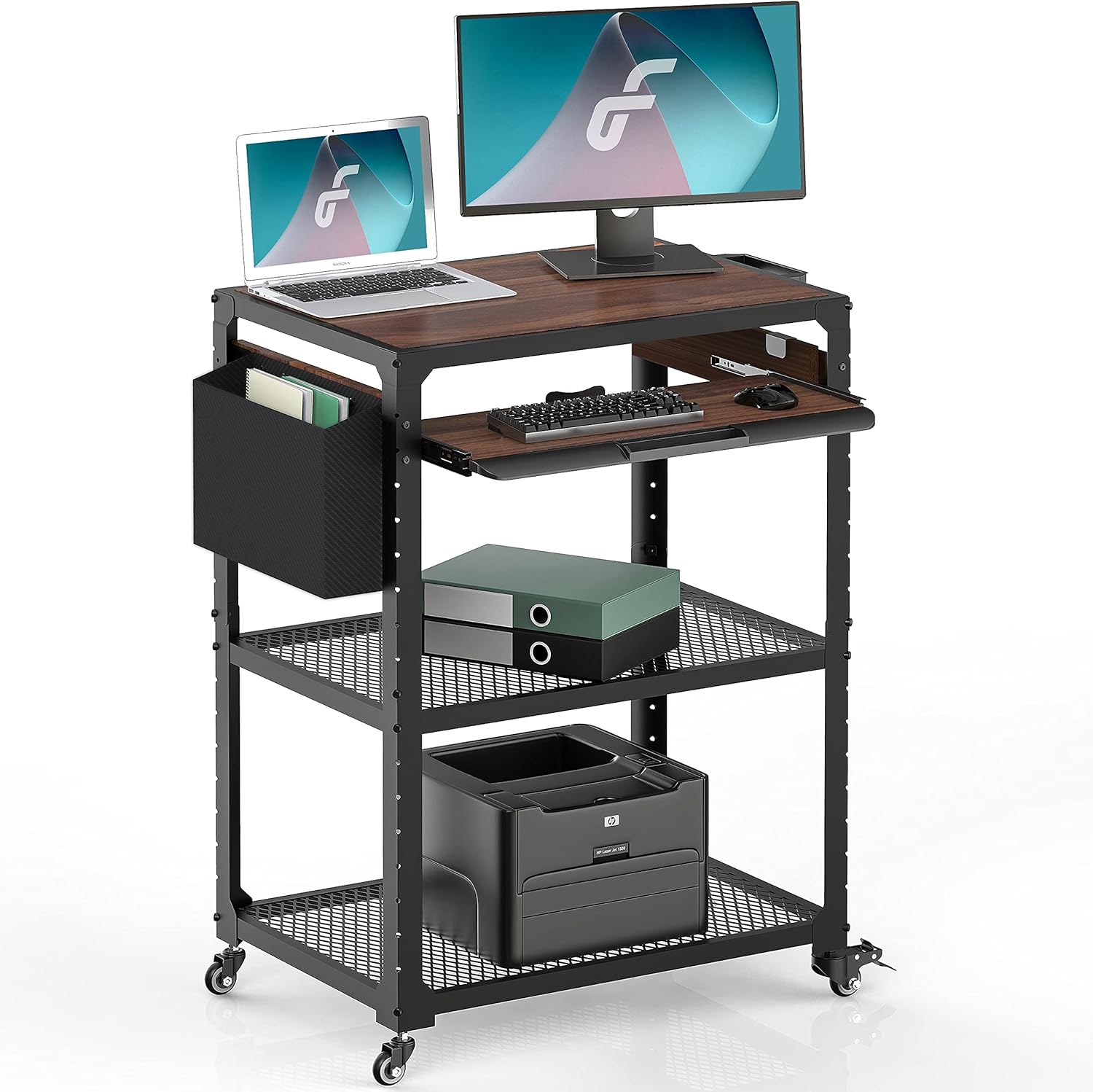 Fenge AV Presentation Cart Stand with Keyboard Tray,Printers-Metal Construction Rolling Storage Cart with Adjustable Shelves for Office Home, AC750005WG