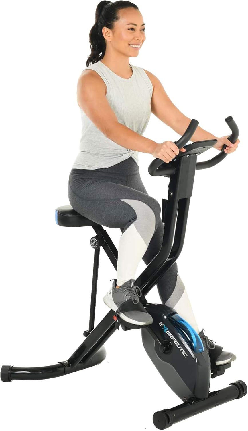 Exerpeutic 675 XLS Bluetooth Smart Technology Folding Upright Exercise Bike, 400LBS, Black/Blue